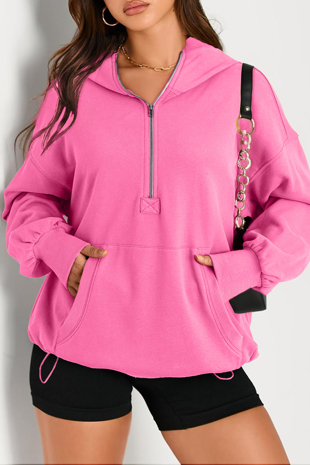 Parchment Solid Kangaroo Pocket Half Zipper Oversized Hoodie