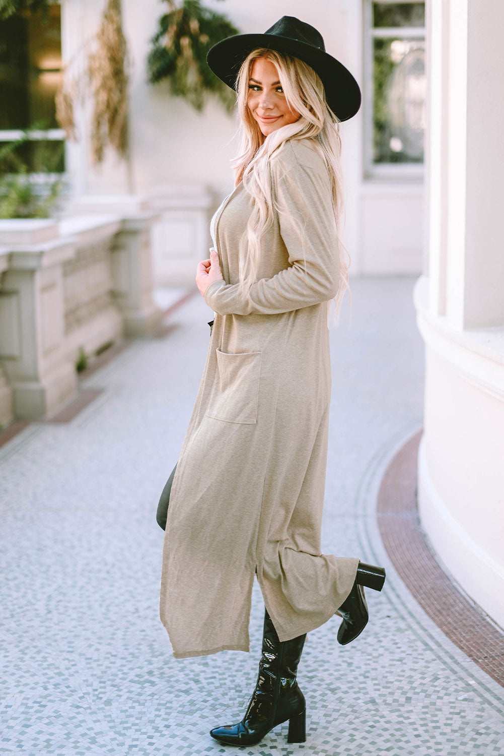 Apricot Open Front Pocketed Duster Cardigan with Slits