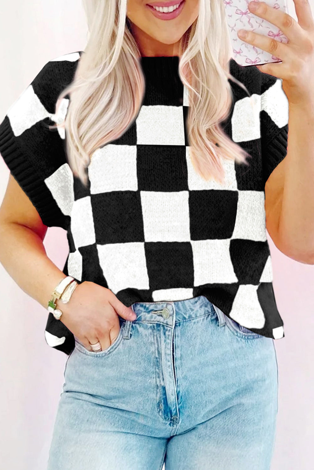 Strawberry Pink Colorblock Plaid Pattern Ribbed Trim Sweater Tank Top