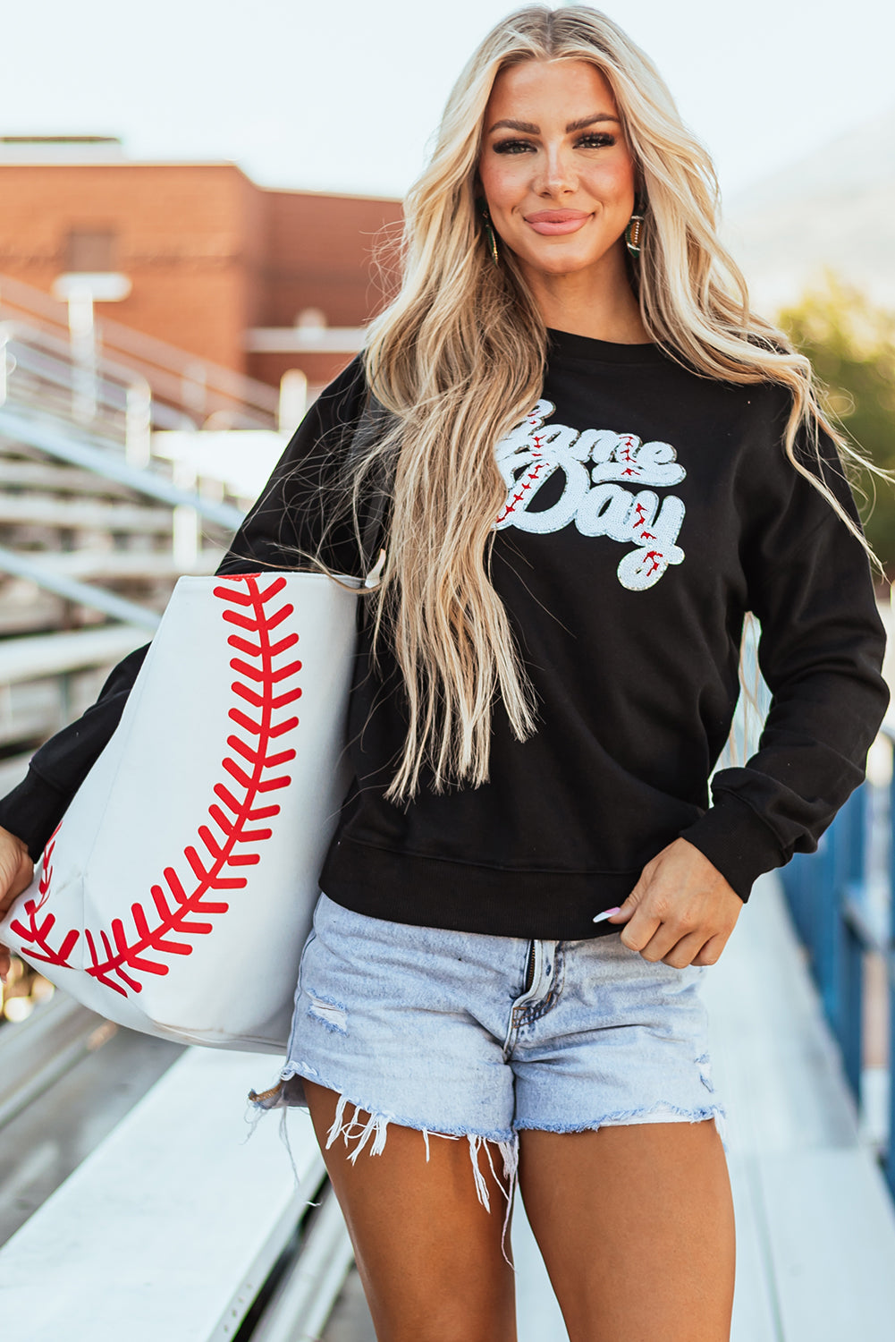 Black Sequined Game Day Graphic Crew Neck Sweatshirt