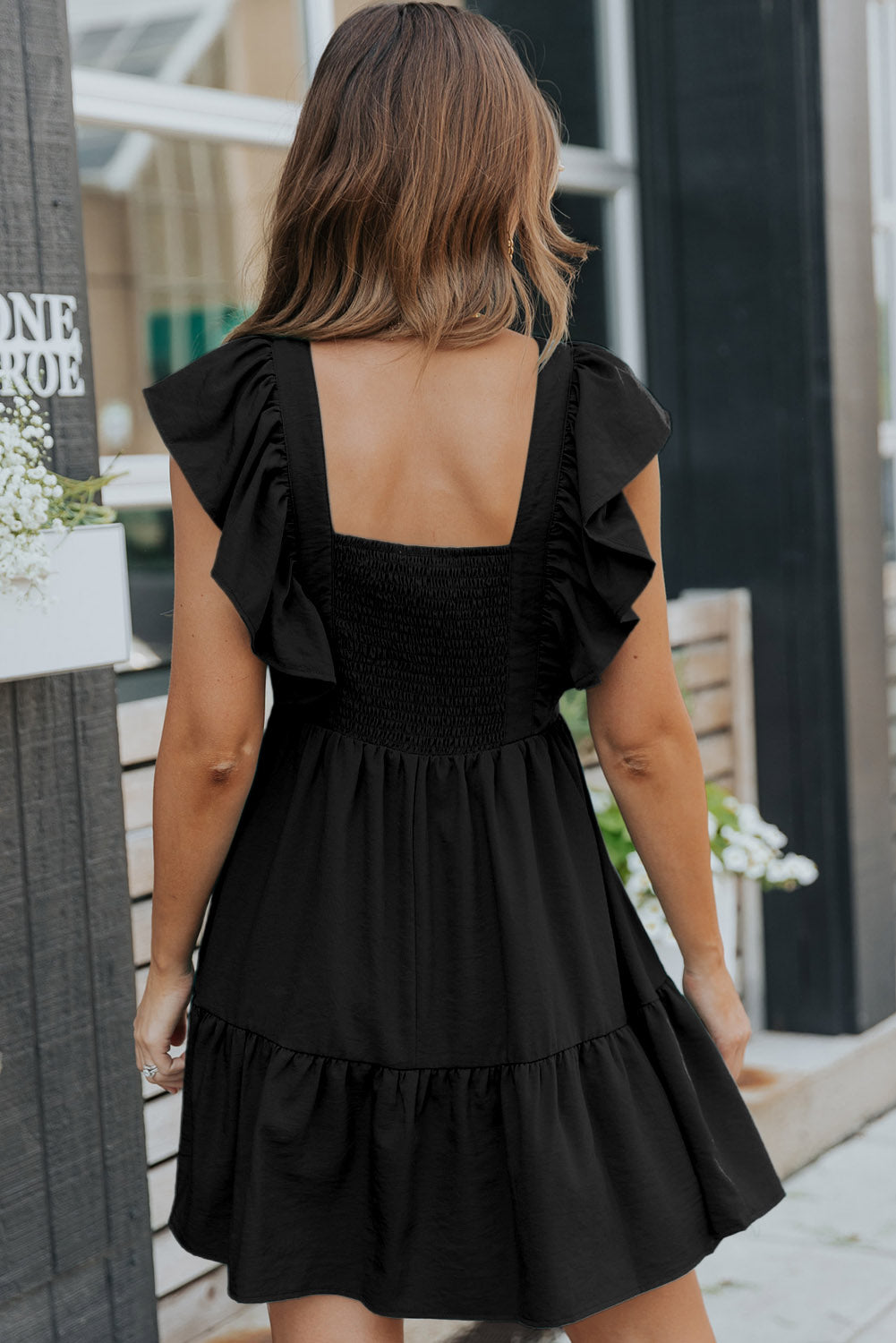 Black Ruffle Trim V Neck Smocking Back Mini Dress