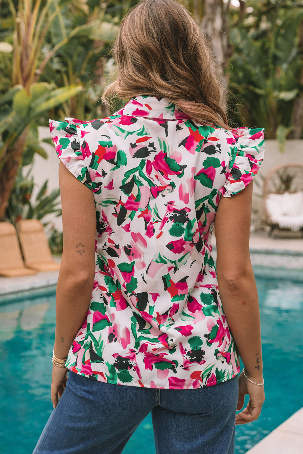 Floral Print Ruffled Sleeveless Shirt