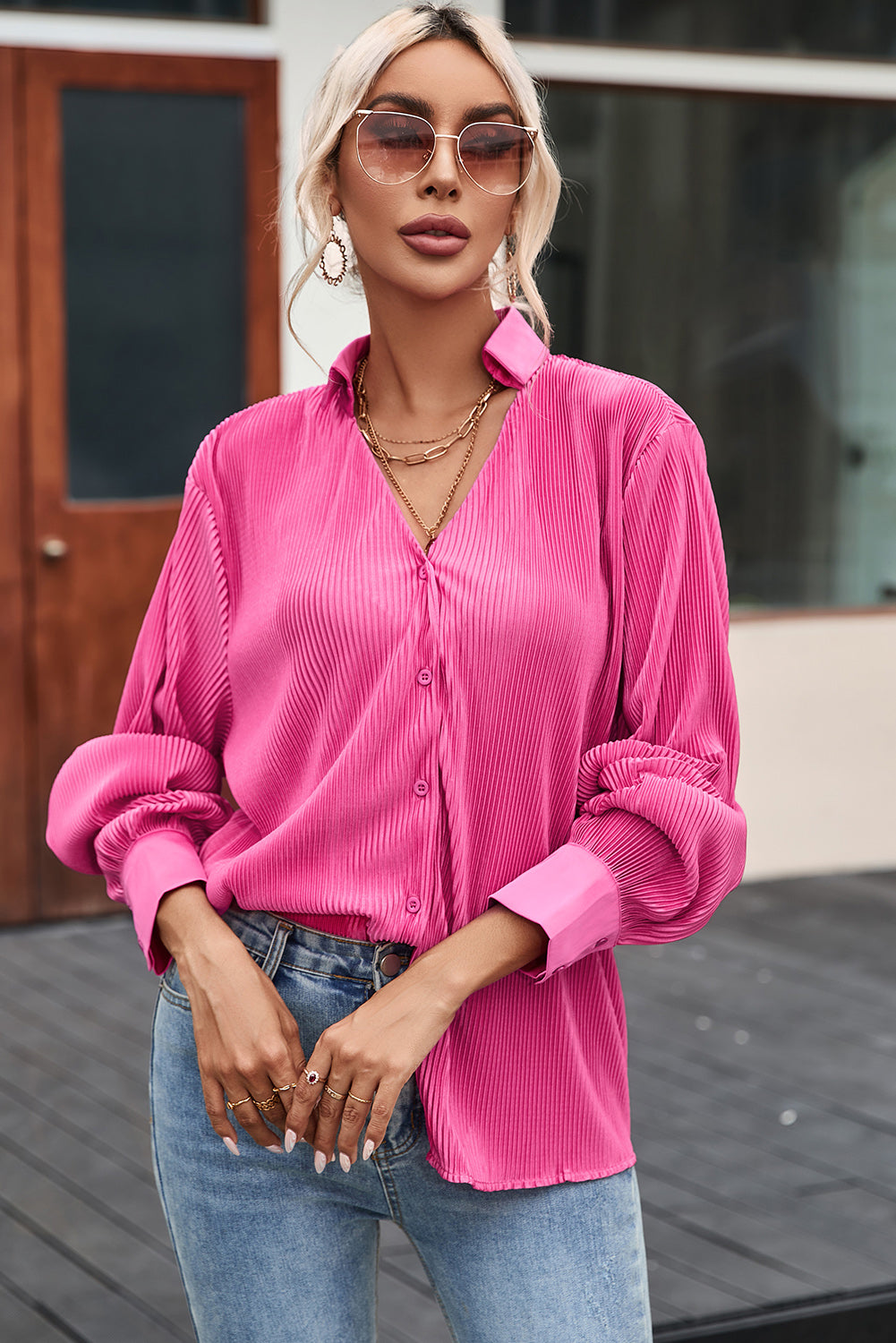 Pink V Neck Collared Button Pleated Shirt
