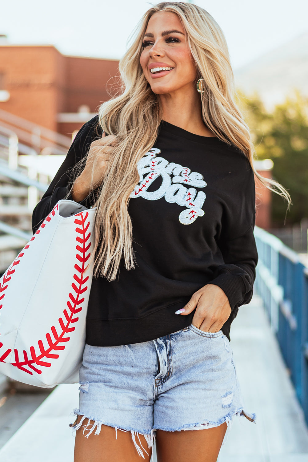 Black Sequined Game Day Graphic Crew Neck Sweatshirt