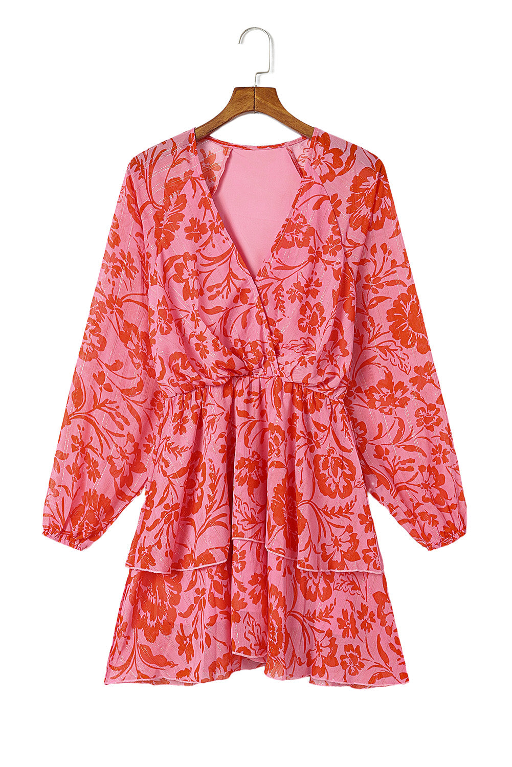 Red Floral Ruffle Layered Puff Sleeve Surplice Dress