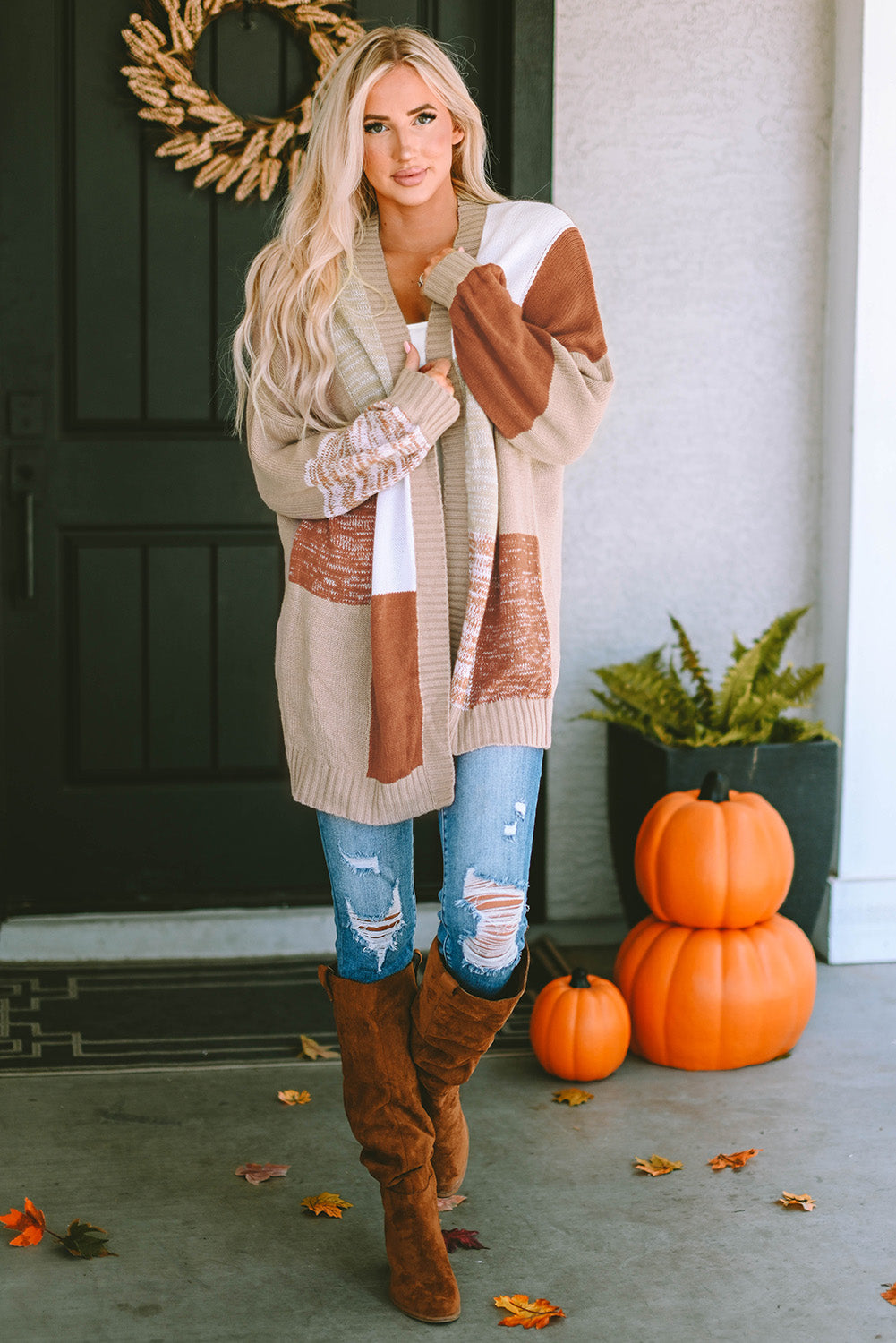Khaki Checkered Pattern Open Front Drop Shoulder Slouchy Cardigan