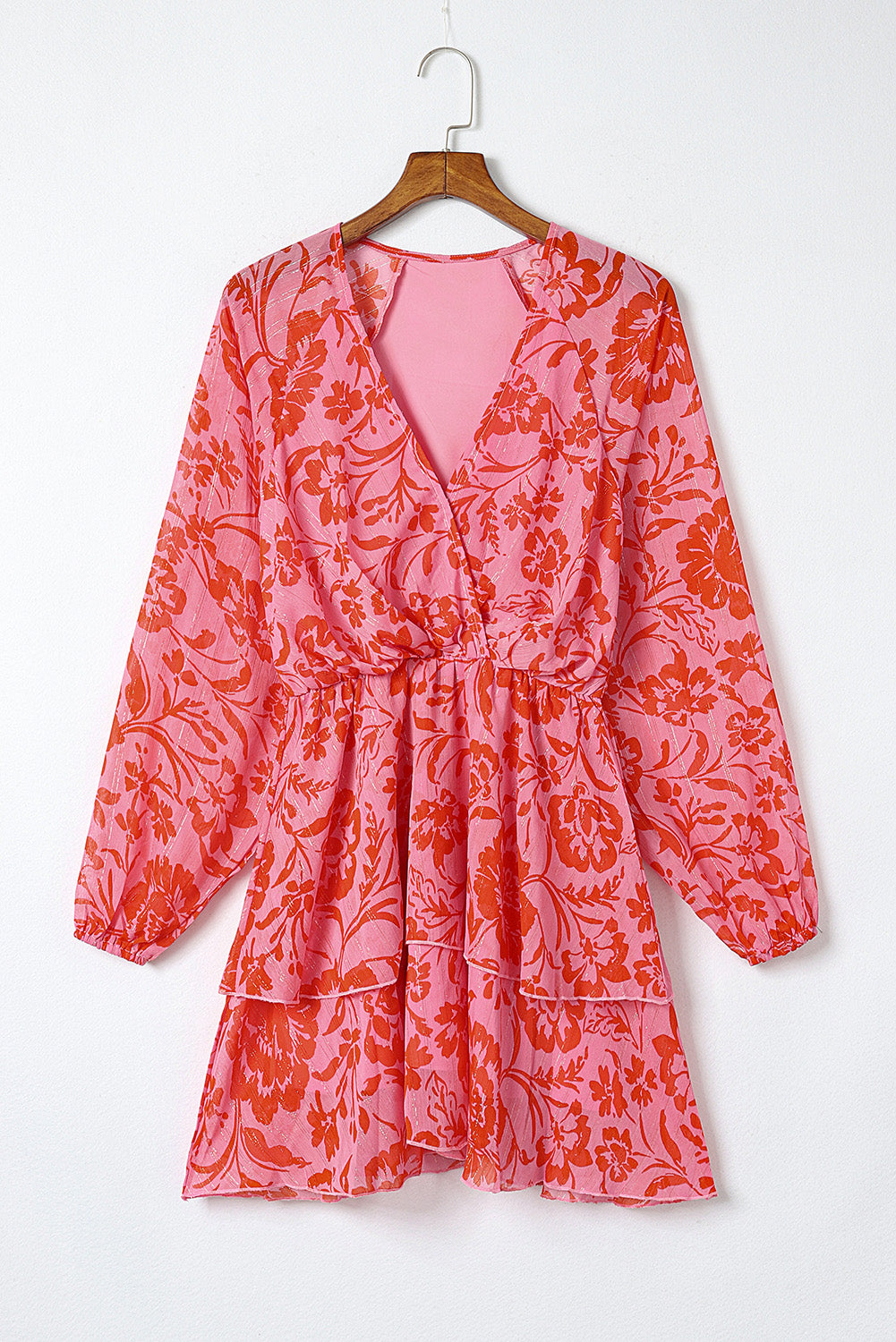 Red Floral Ruffle Layered Puff Sleeve Surplice Dress