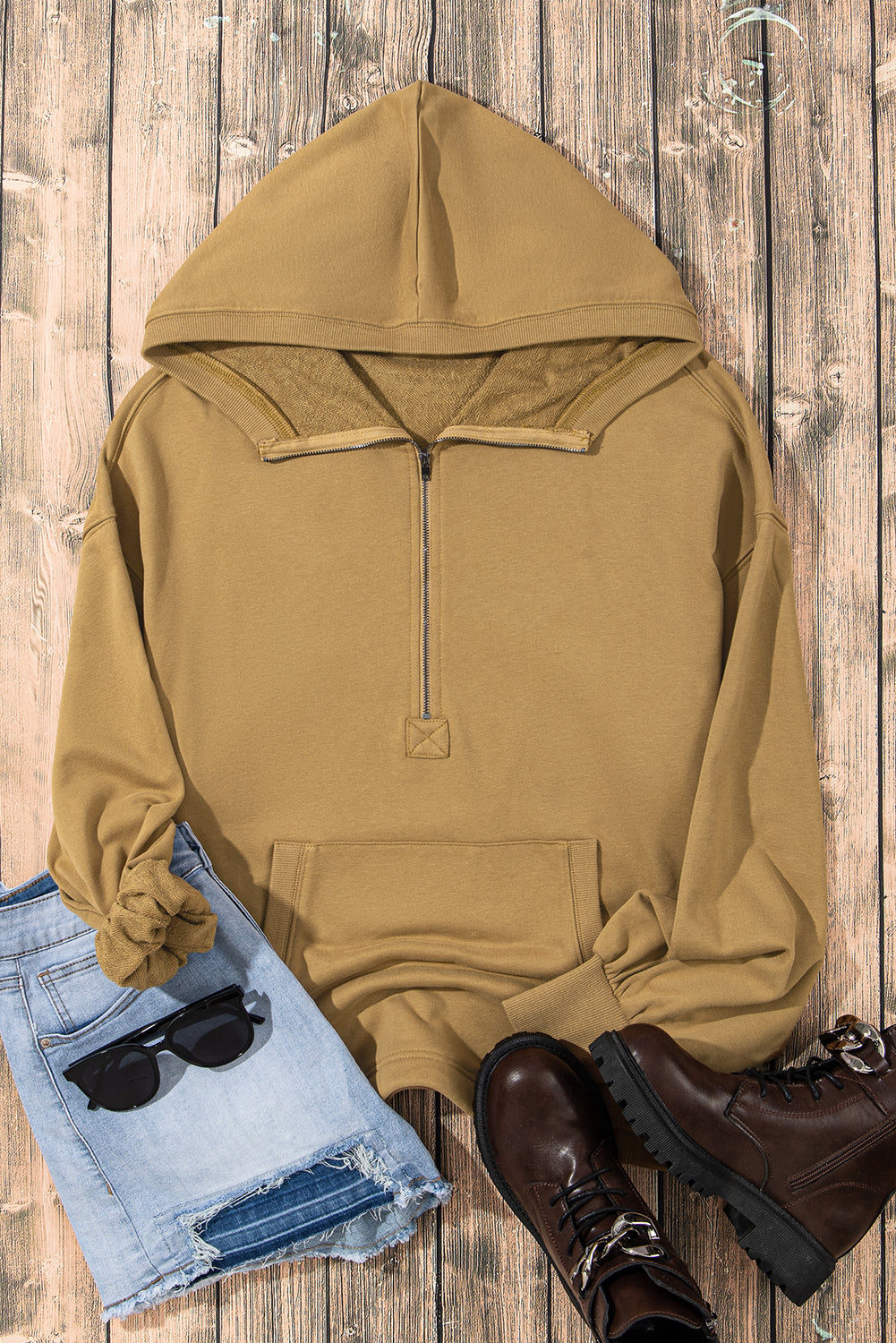 Parchment Solid Kangaroo Pocket Half Zipper Oversized Hoodie
