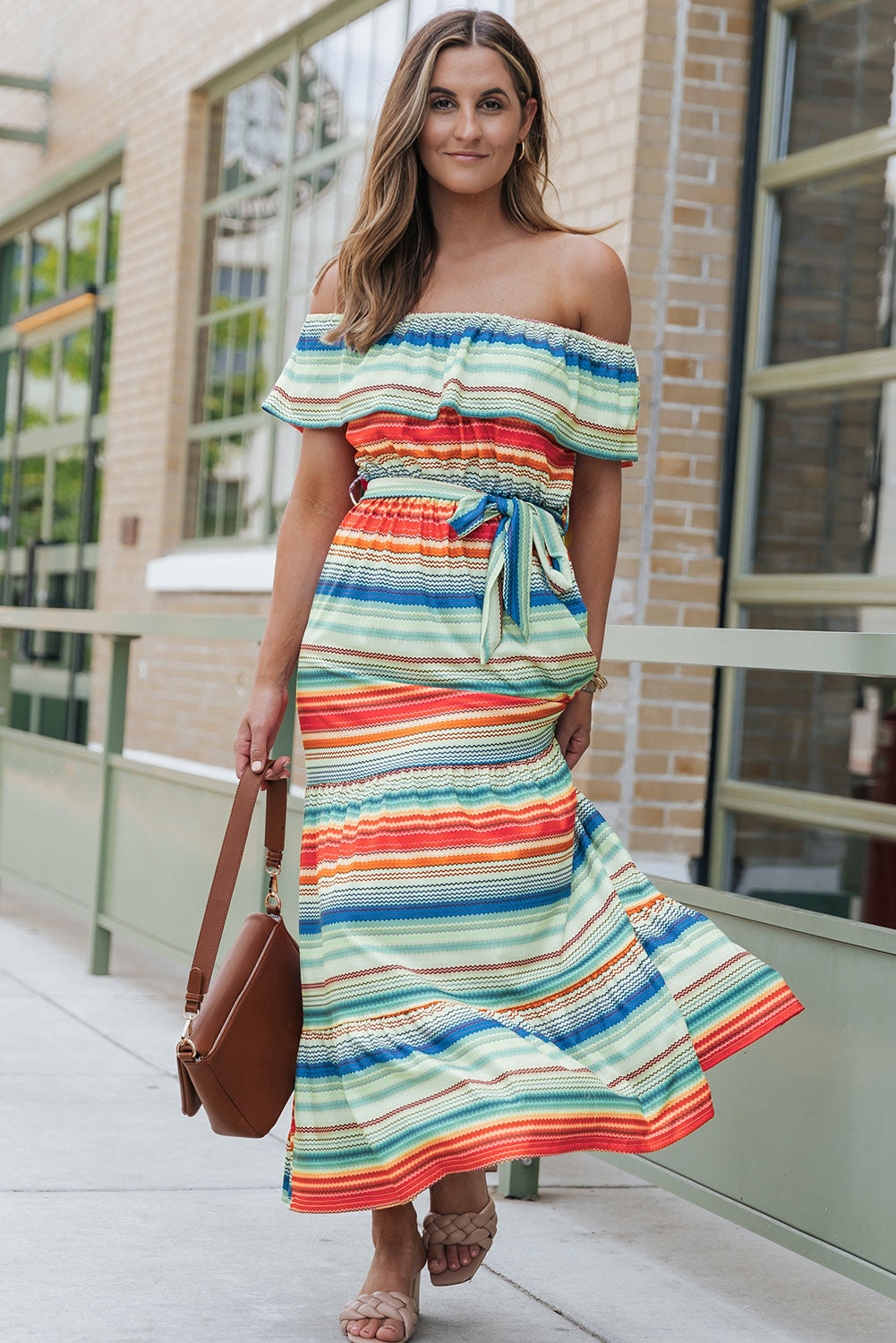 Stripe Print Lace-up Ruffled Off Shoulder Maxi Dress