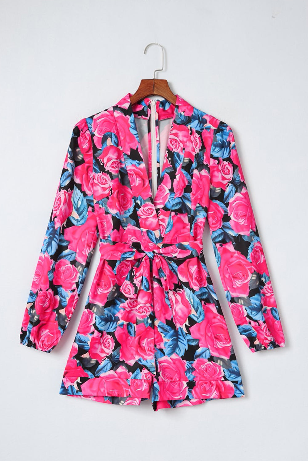 Rose Deep V Neck Long Sleeve Floral Romper