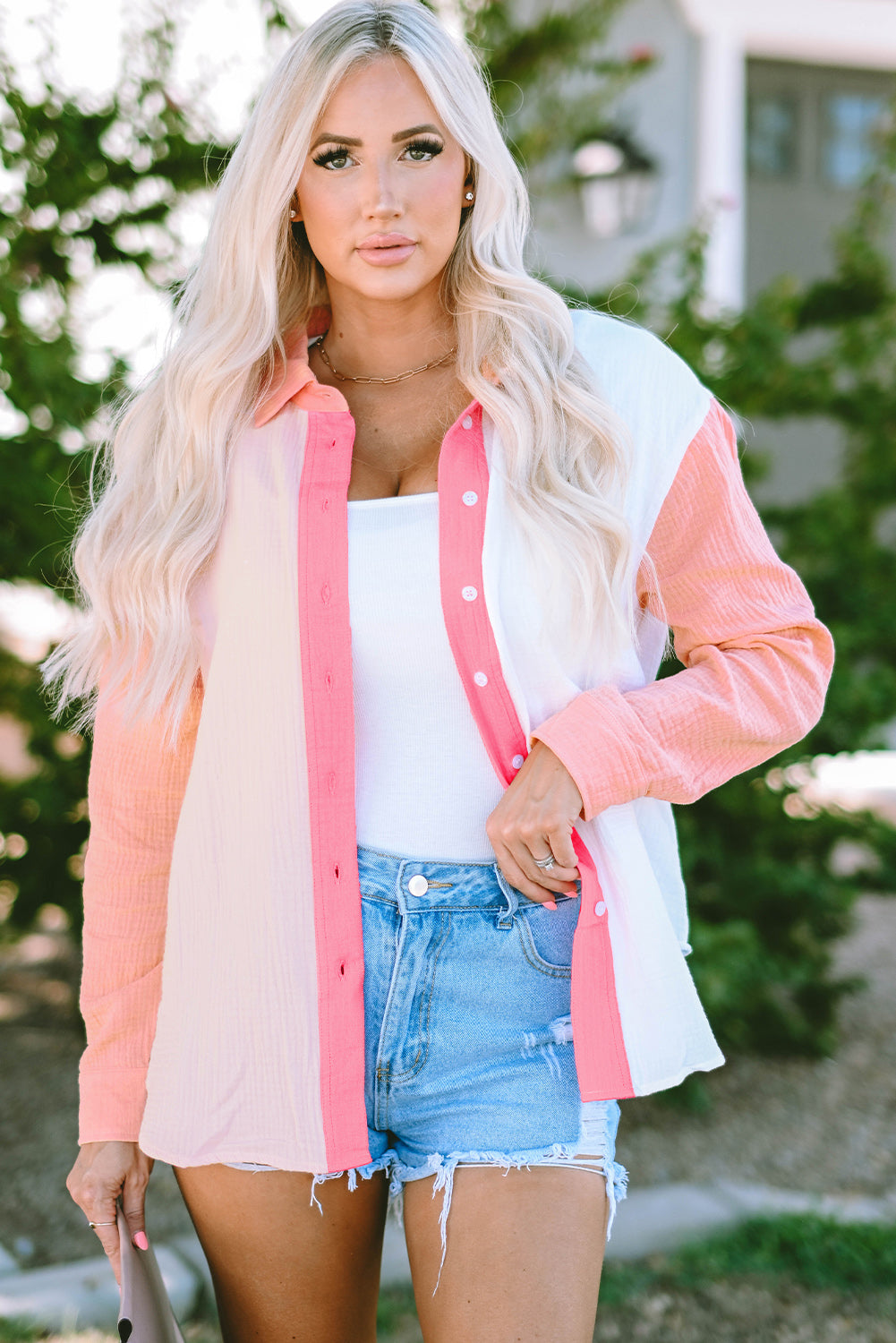 Pink Color Block Patchwork Crinkle Long Sleeve Shirt
