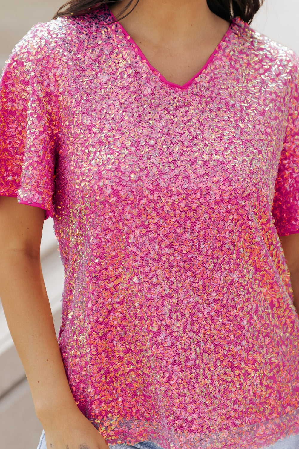 Bonbon V Neck Wide Sleeve Sequin Top
