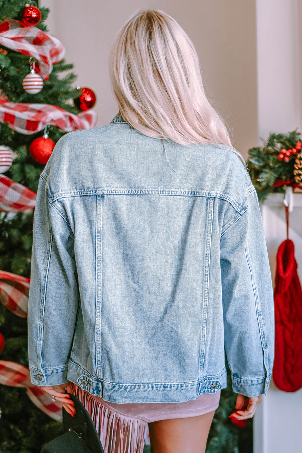 Light Blue Sequin Star Flap Pocket Denim Jacket
