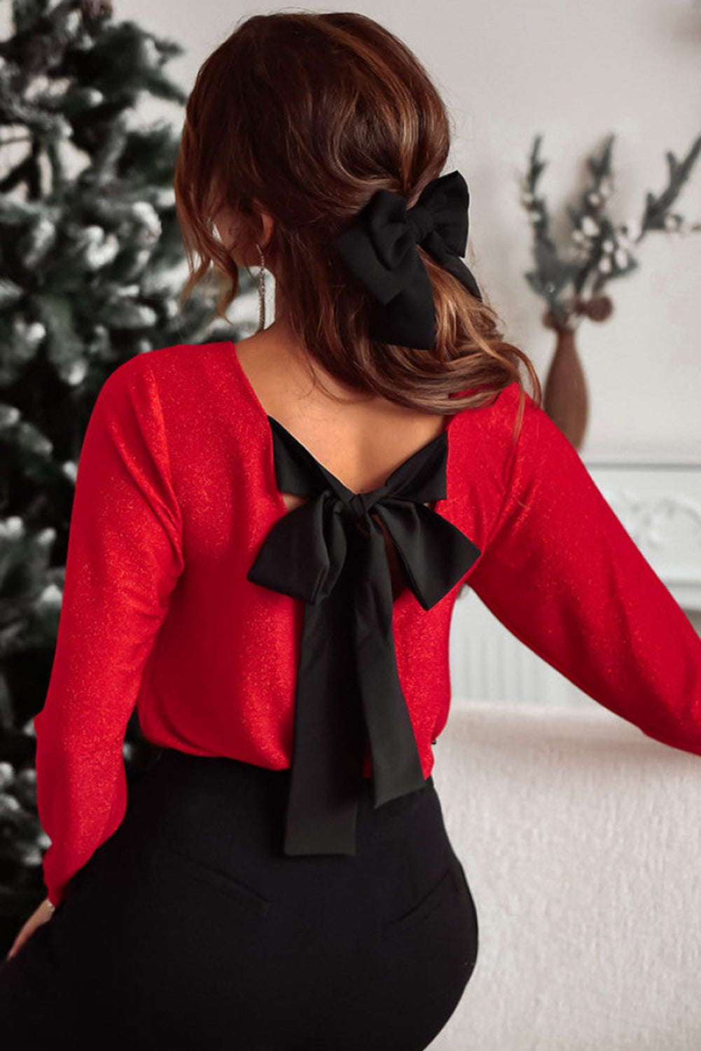 Black Metallic Bowknot Open Back V Neck Top