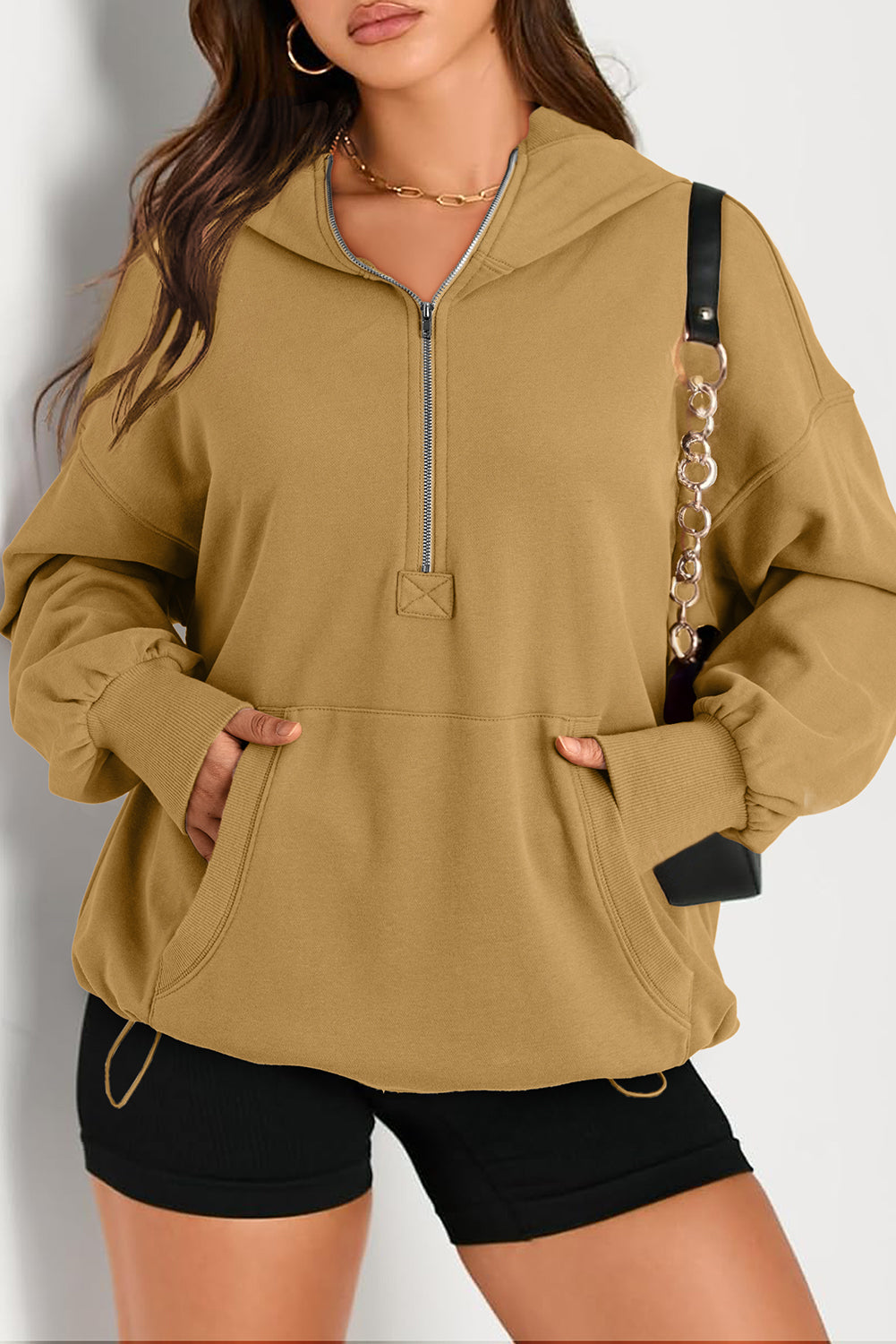 Parchment Solid Kangaroo Pocket Half Zipper Oversized Hoodie