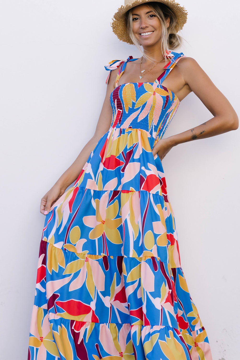 Blue Boho Print Tie Straps Smocked Maxi Dress