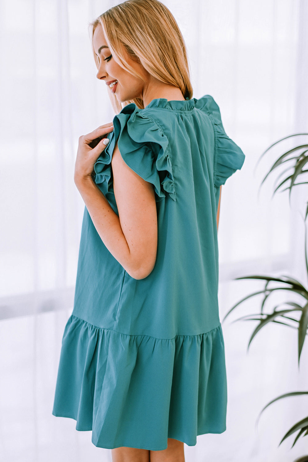 Tiered Ruffled Sleeves Mini Dress with Pockets
