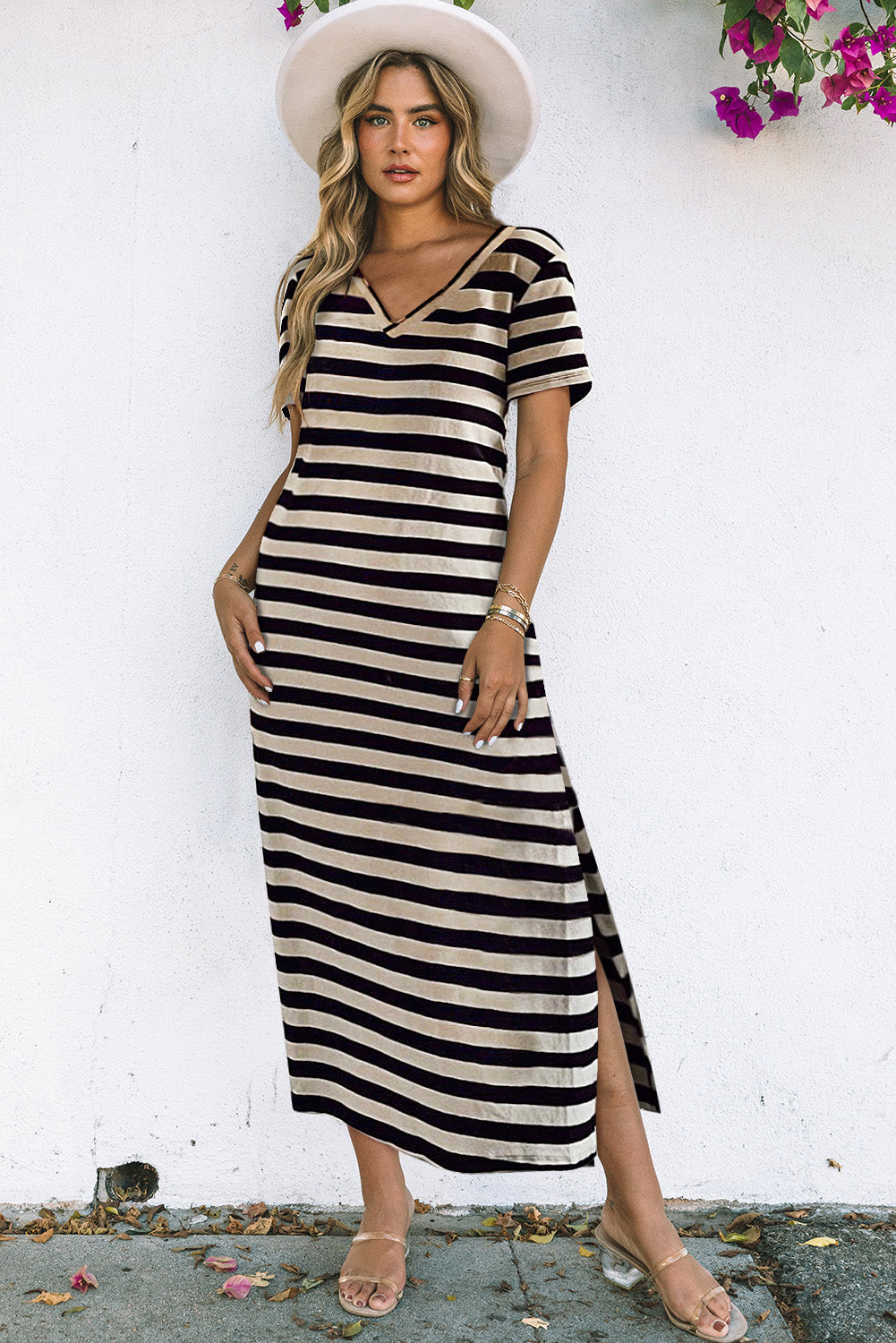 Stripe Print V Neck Maxi Dress with Side Splits