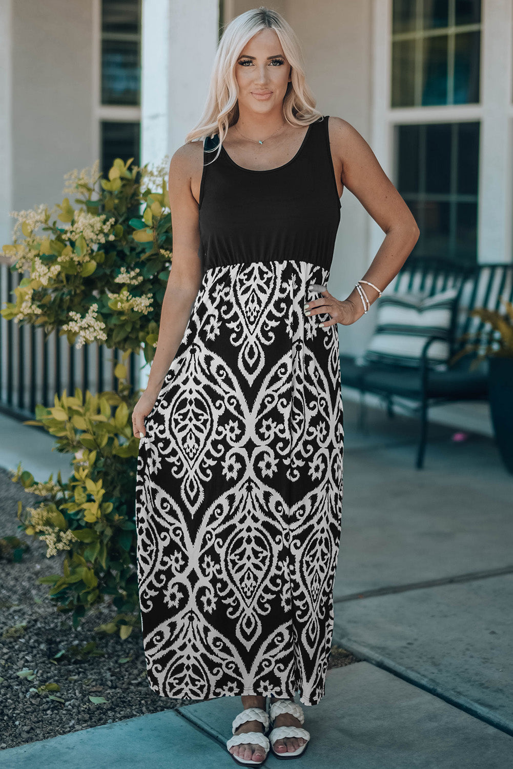 Boho Solid Tank Floral Print Maxi Dress