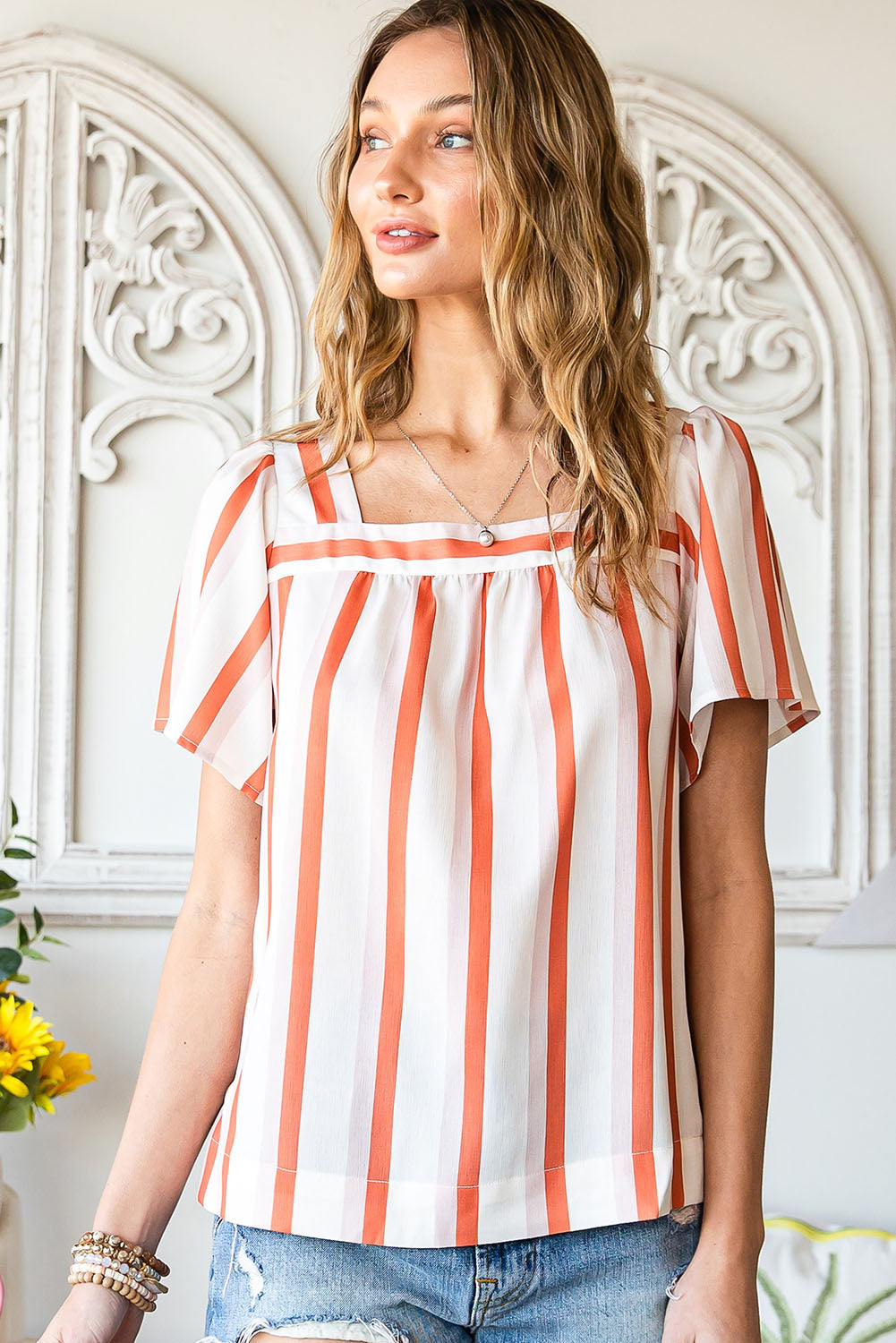 Striped Buttoned Back Square Neck Blouse