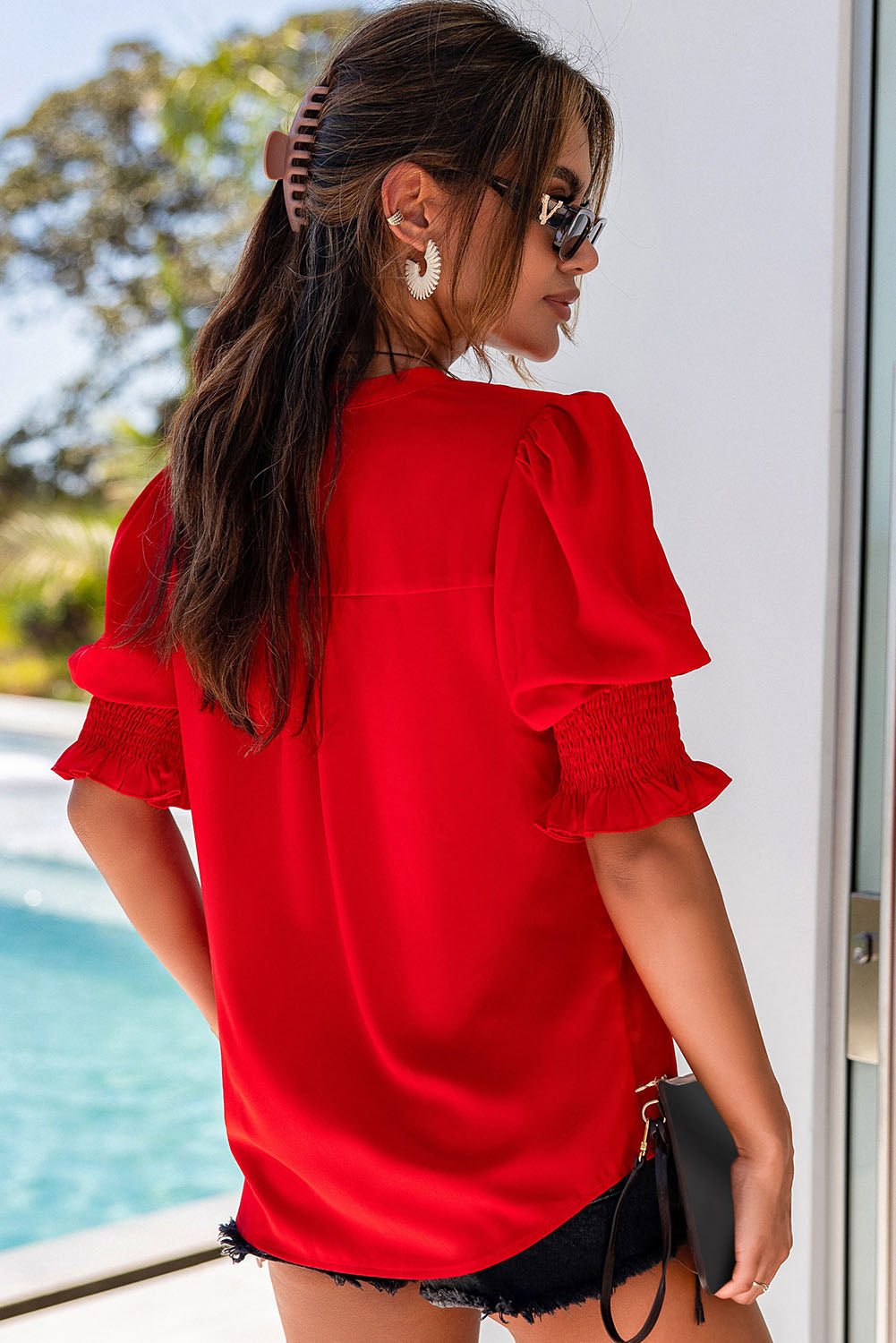 White Solid Color Half Sleeve V Neck Blouse