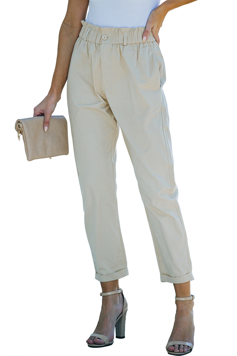 Khaki High Rise Paper Bag Waist Pocketed Casual Pants