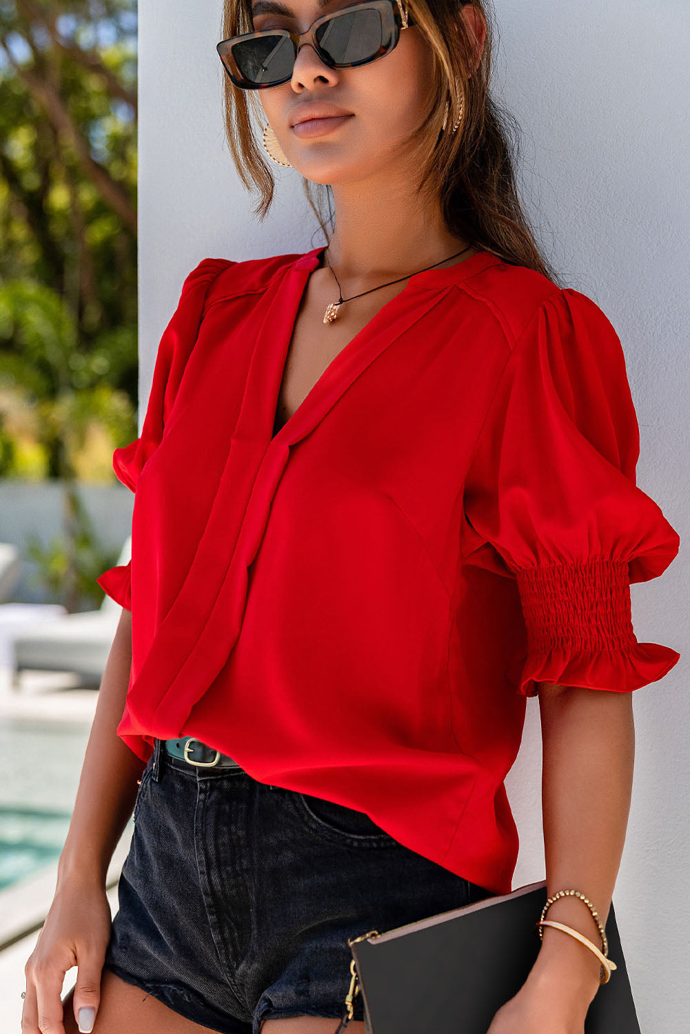 White Solid Color Half Sleeve V Neck Blouse