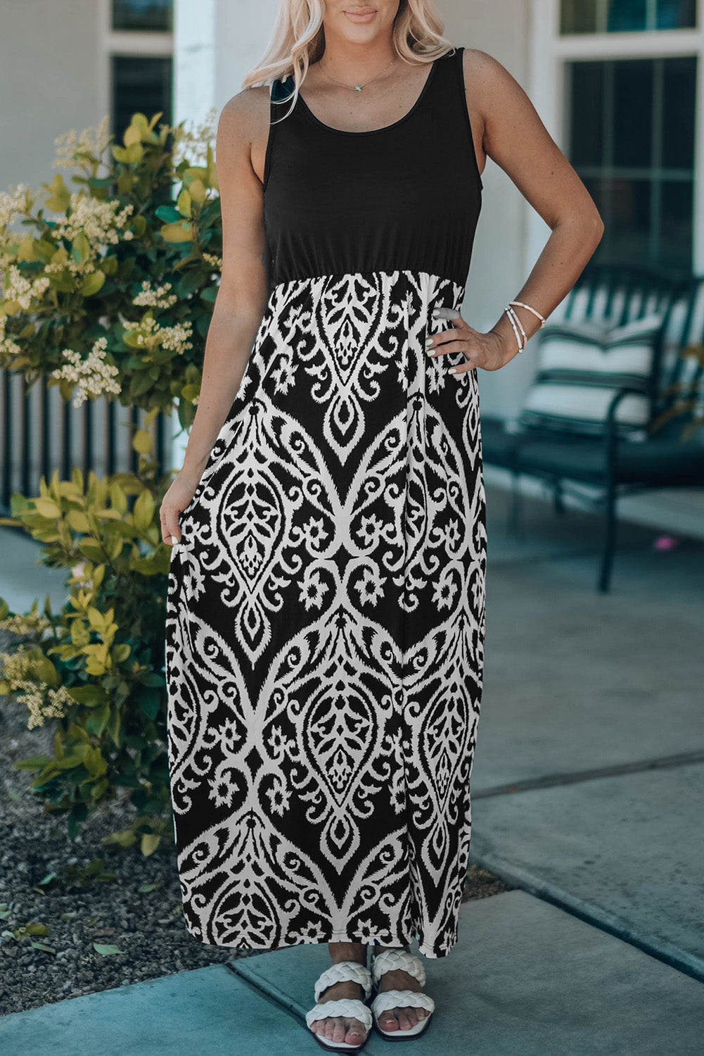 Boho Solid Tank Floral Print Maxi Dress