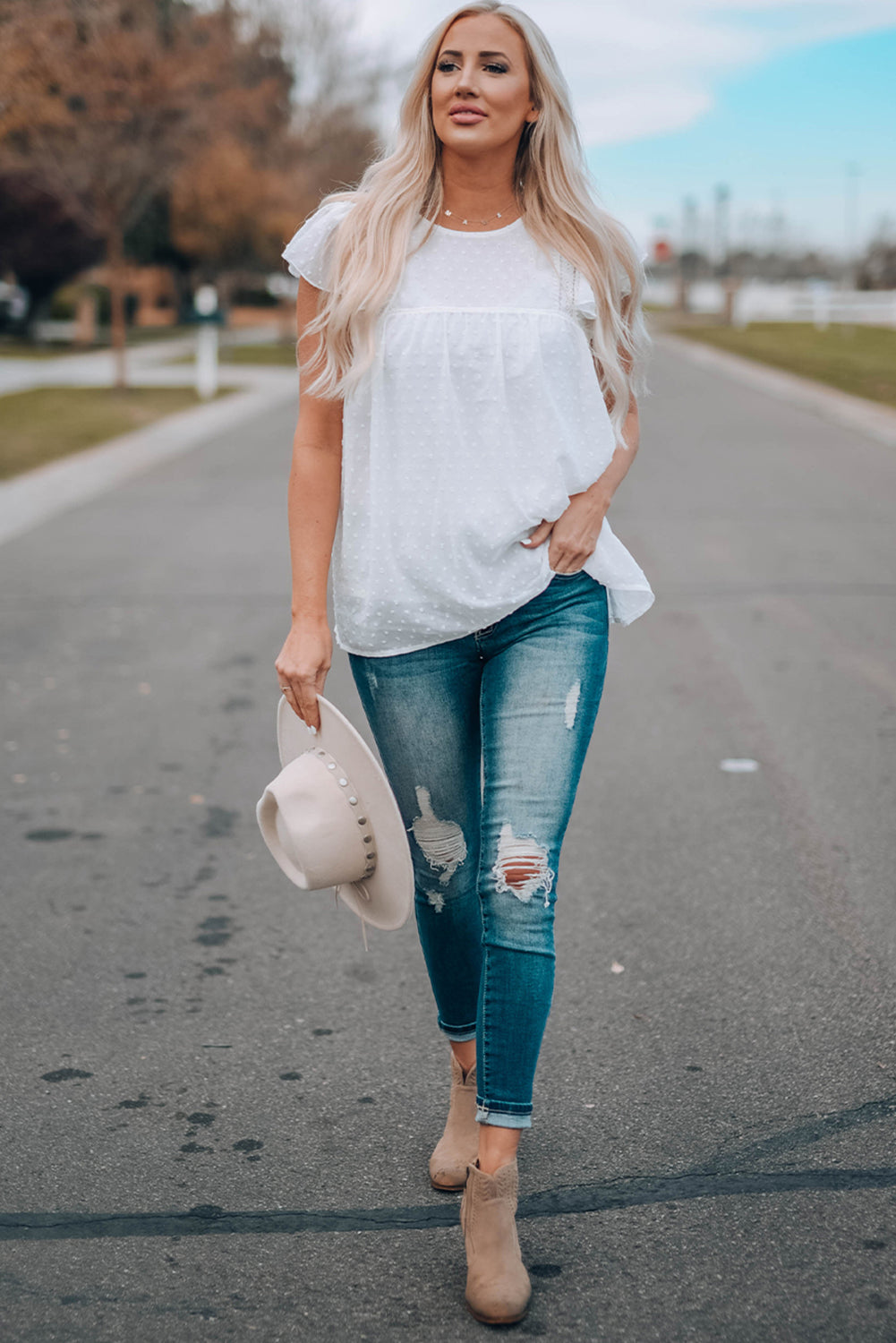 Ruffled Shoulder Dotted Babydoll Top