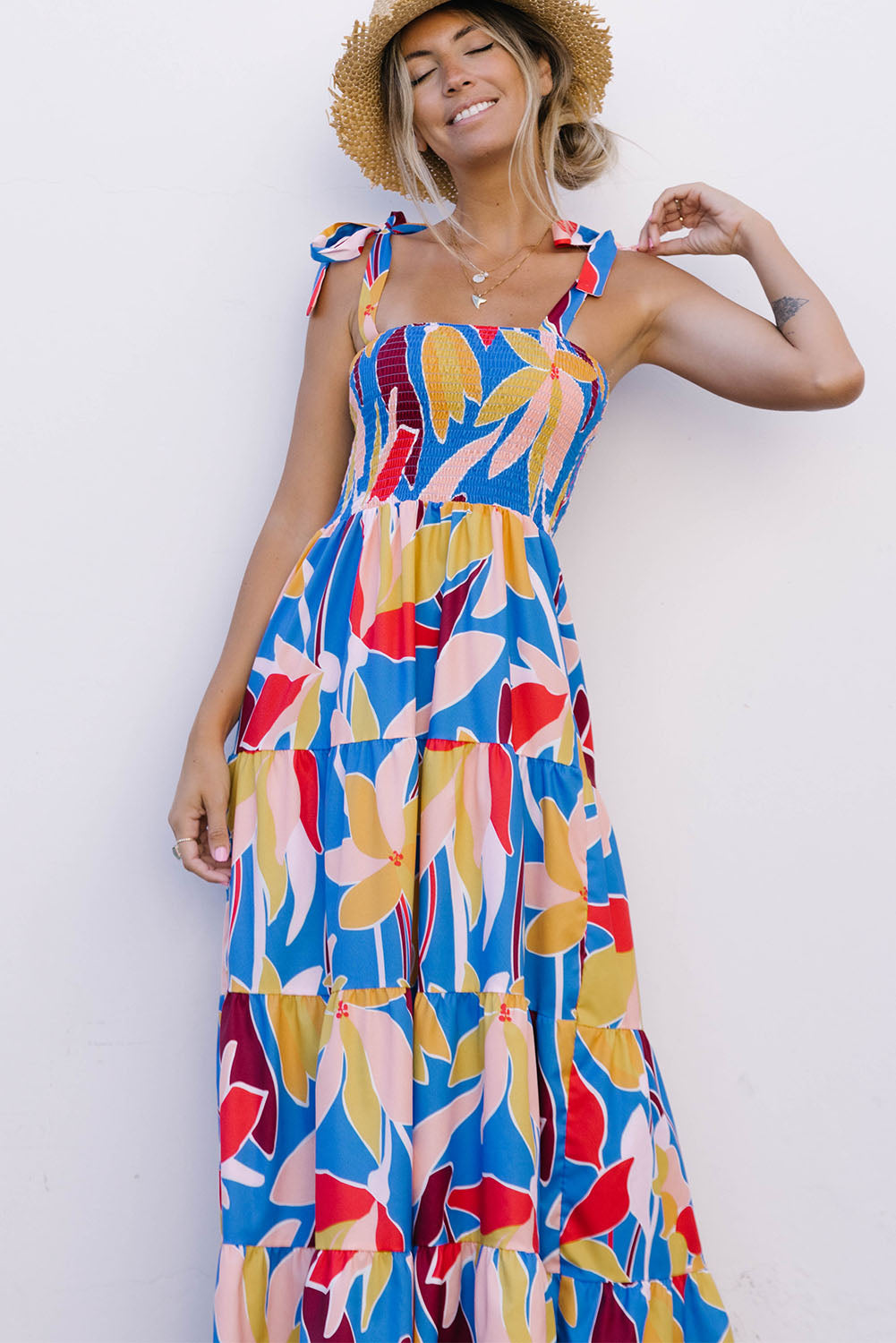 Blue Boho Print Tie Straps Smocked Maxi Dress