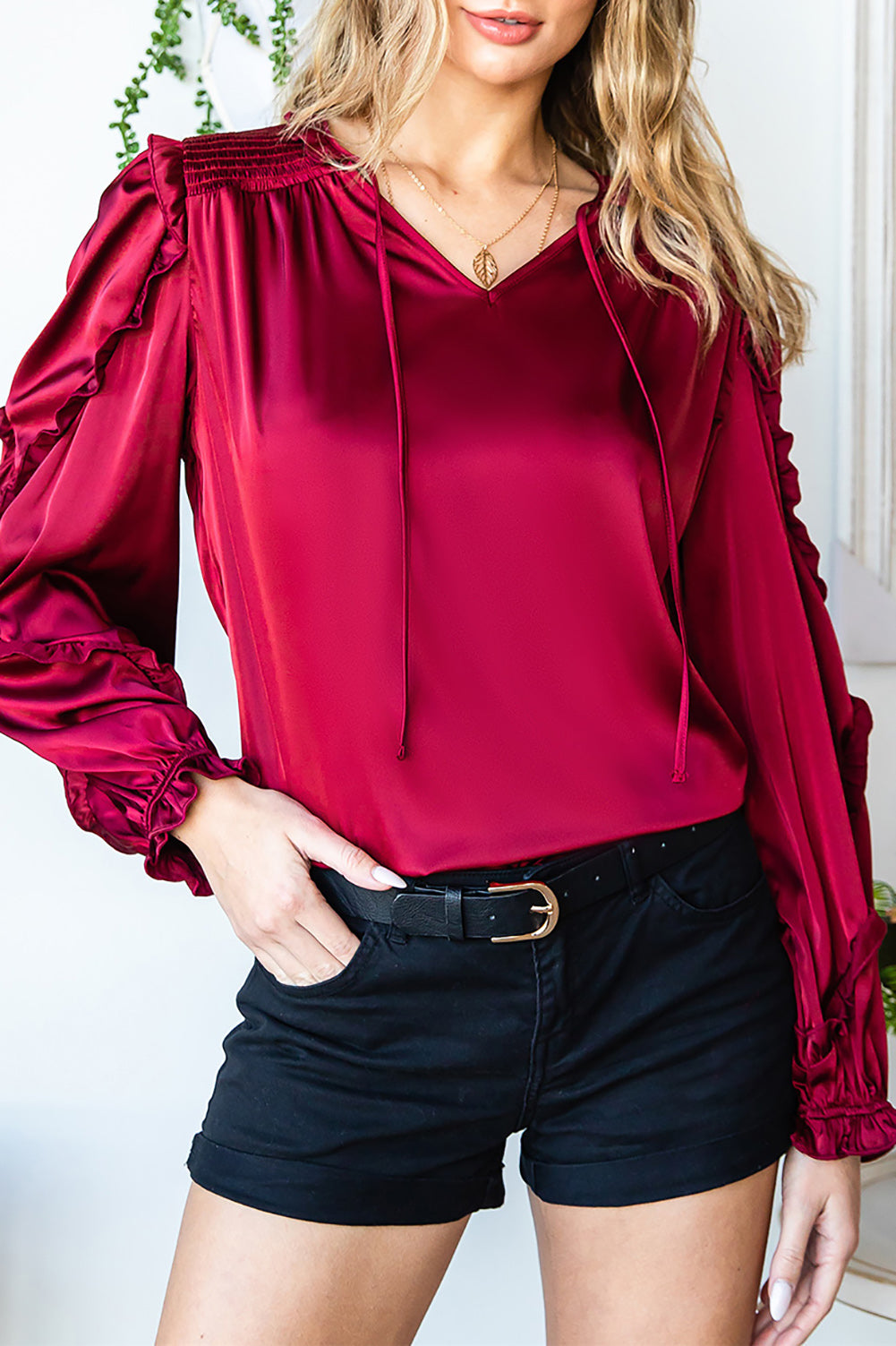 Split Neck Ruffled Satin Shirt