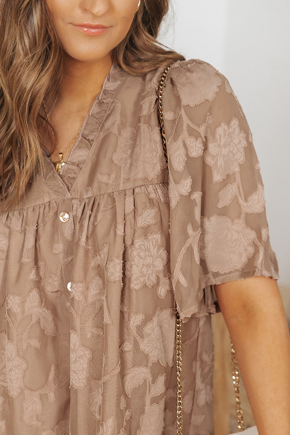 Floral Textured V Neck Buttoned Blouse