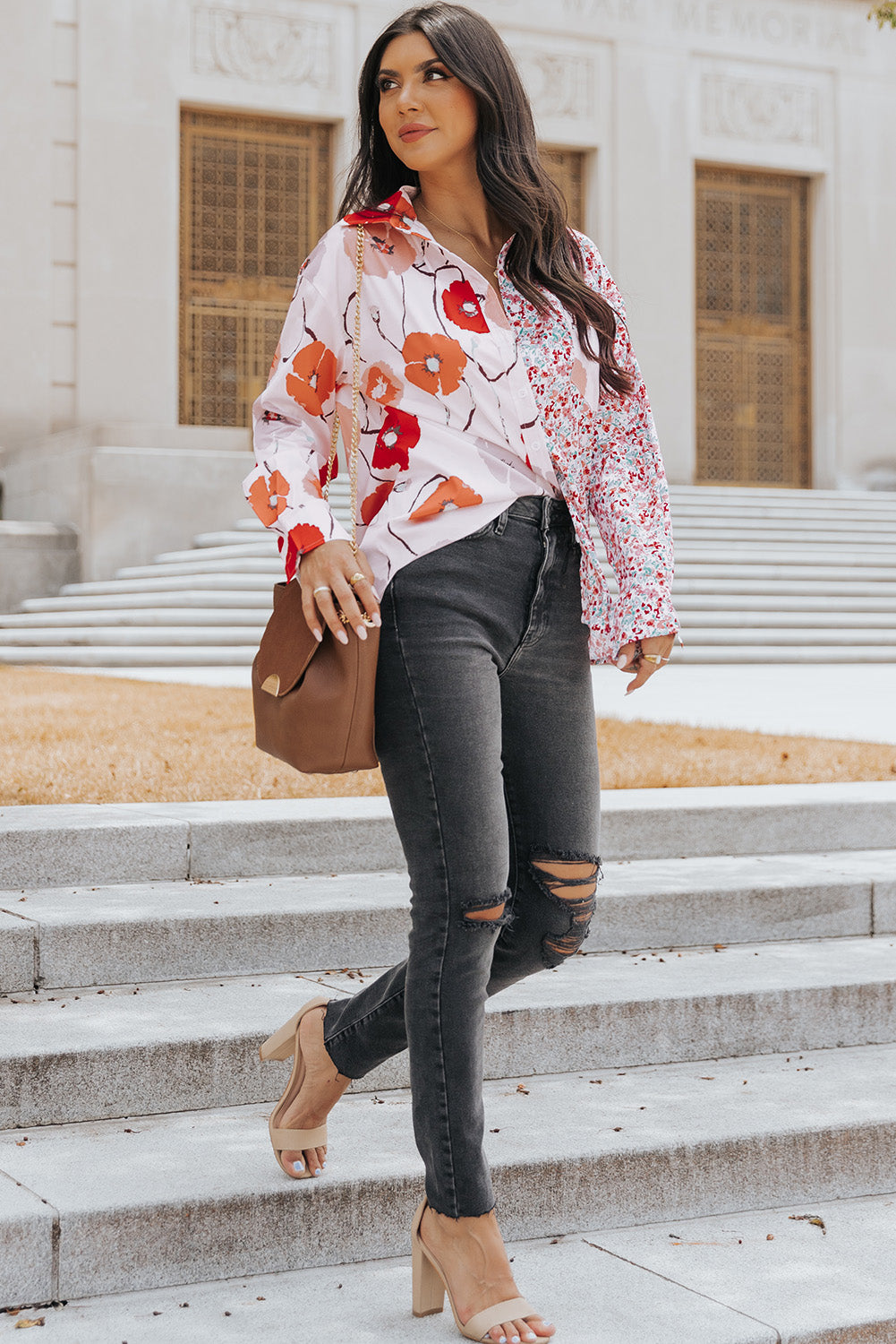 Floral Patchwork Buttoned Shirt with Pocket