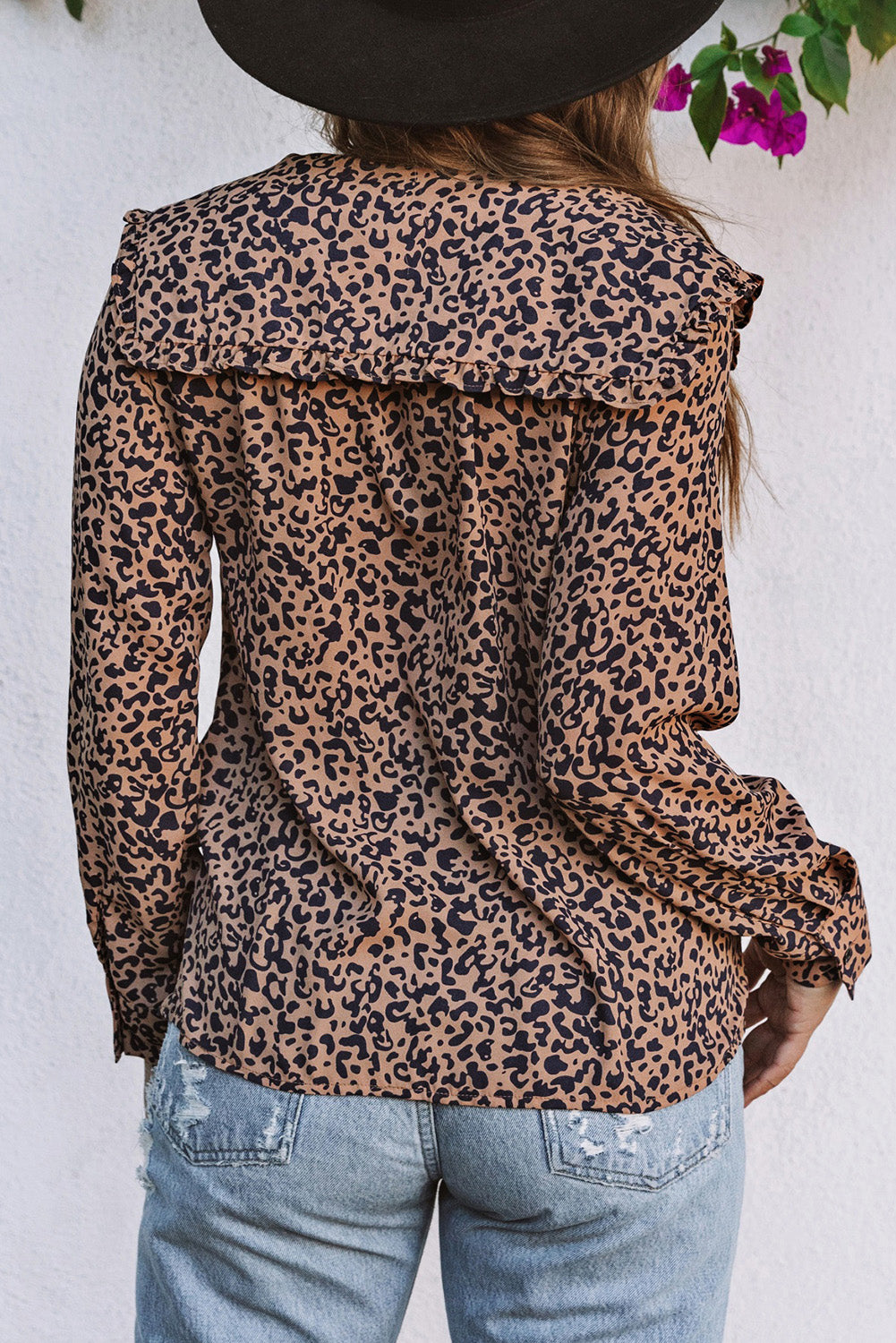 Print Buttoned Frilled V Neck Top