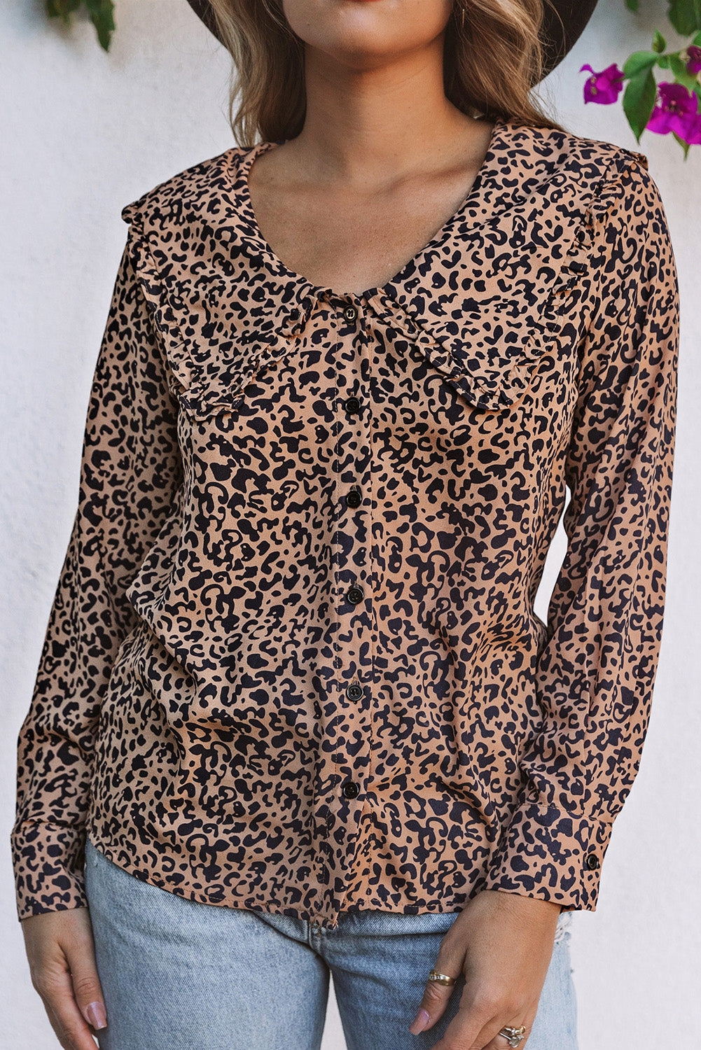 Print Buttoned Frilled V Neck Top