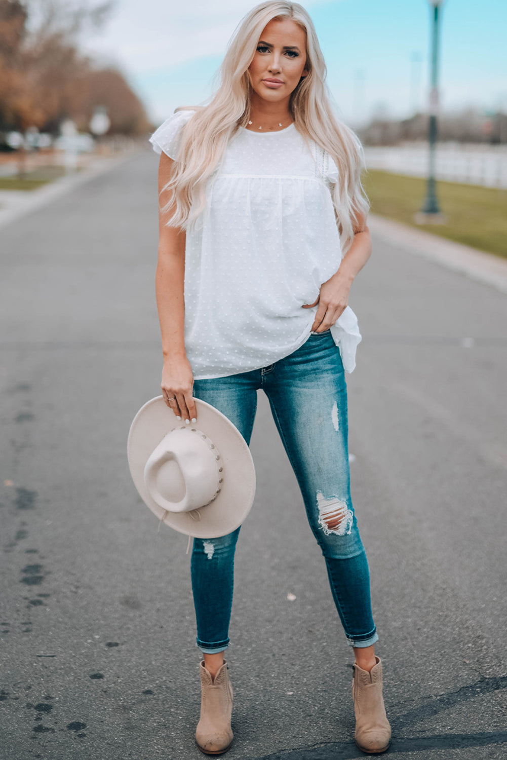 Ruffled Shoulder Dotted Babydoll Top