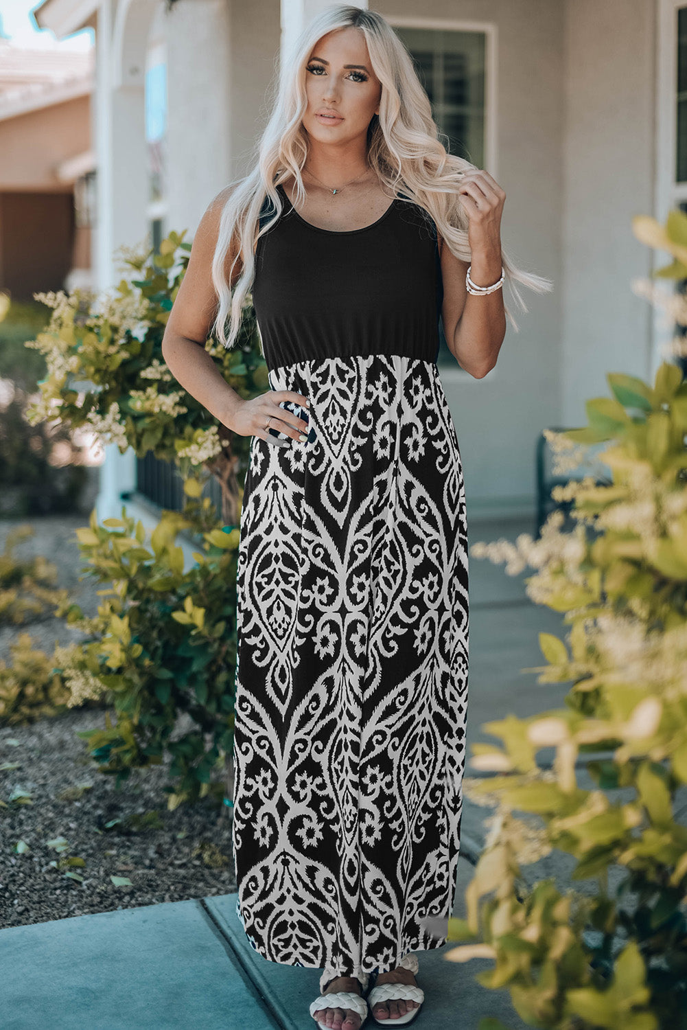 Boho Solid Tank Floral Print Maxi Dress