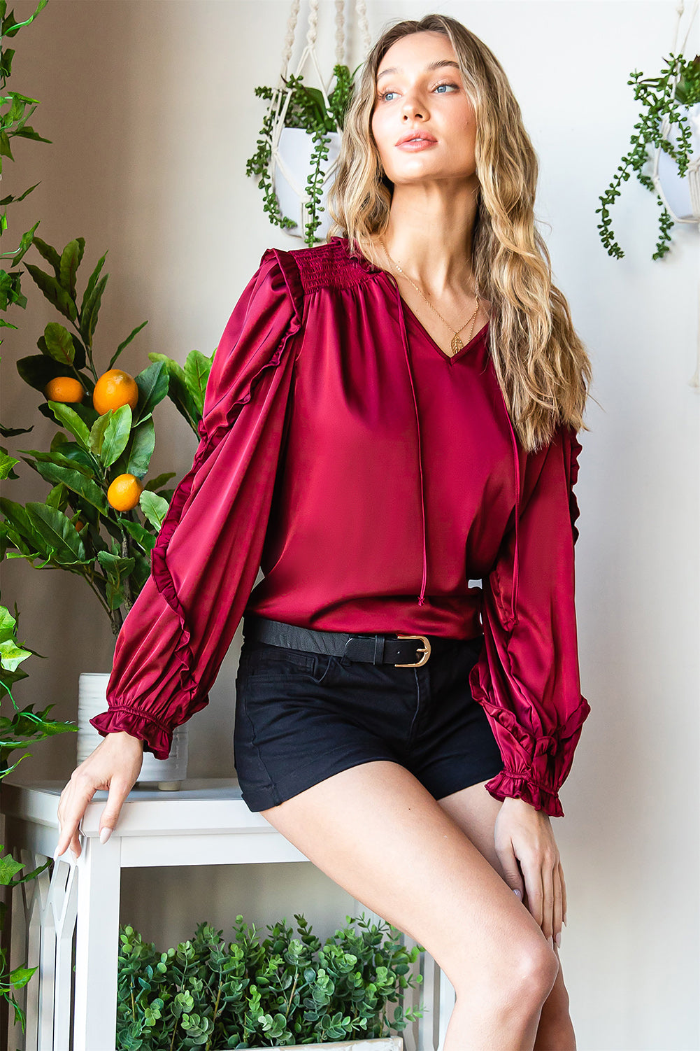 Split Neck Ruffled Satin Shirt