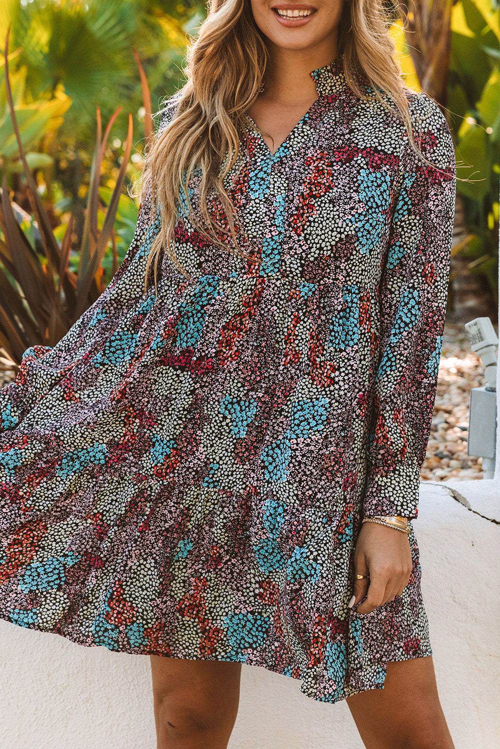Multicolor Floral Print High Waist V Neck Shirt Dress