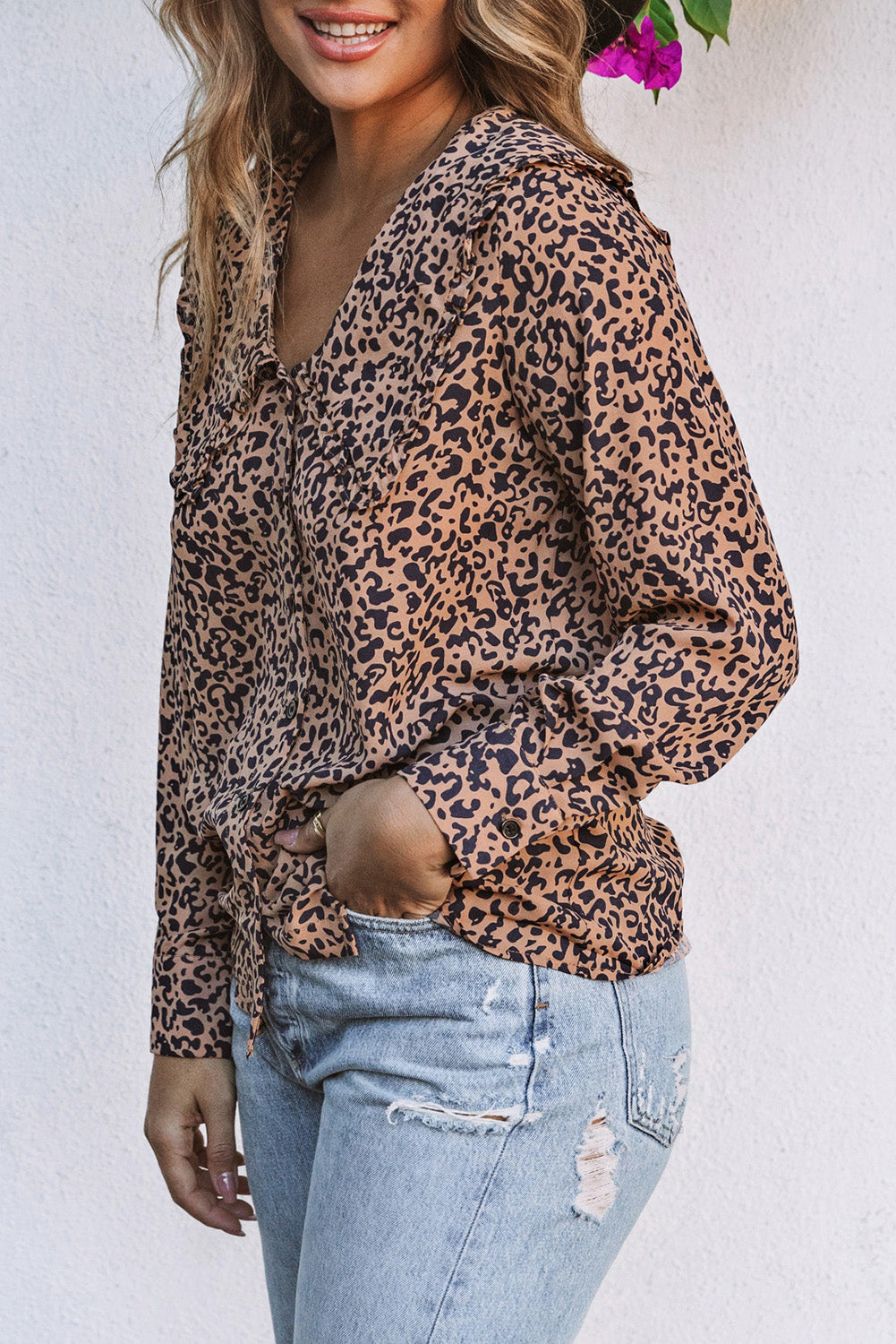 Print Buttoned Frilled V Neck Top