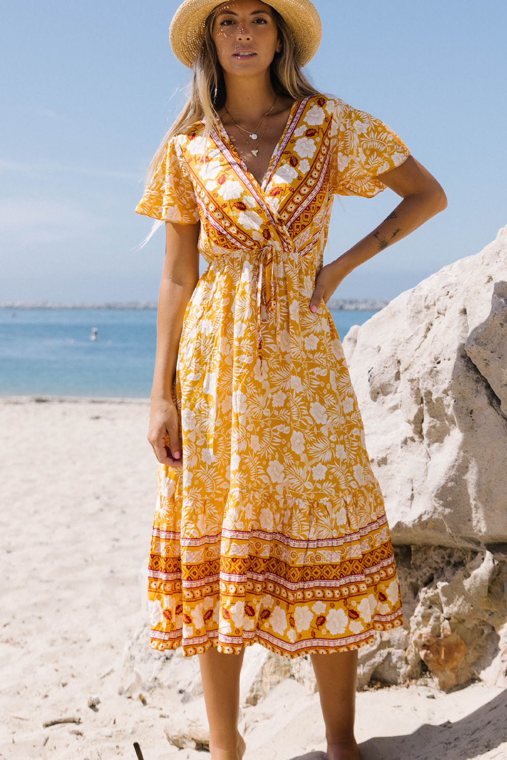 Floral Wrapped V Neck Tied Ruffled Sleeves Midi Dress