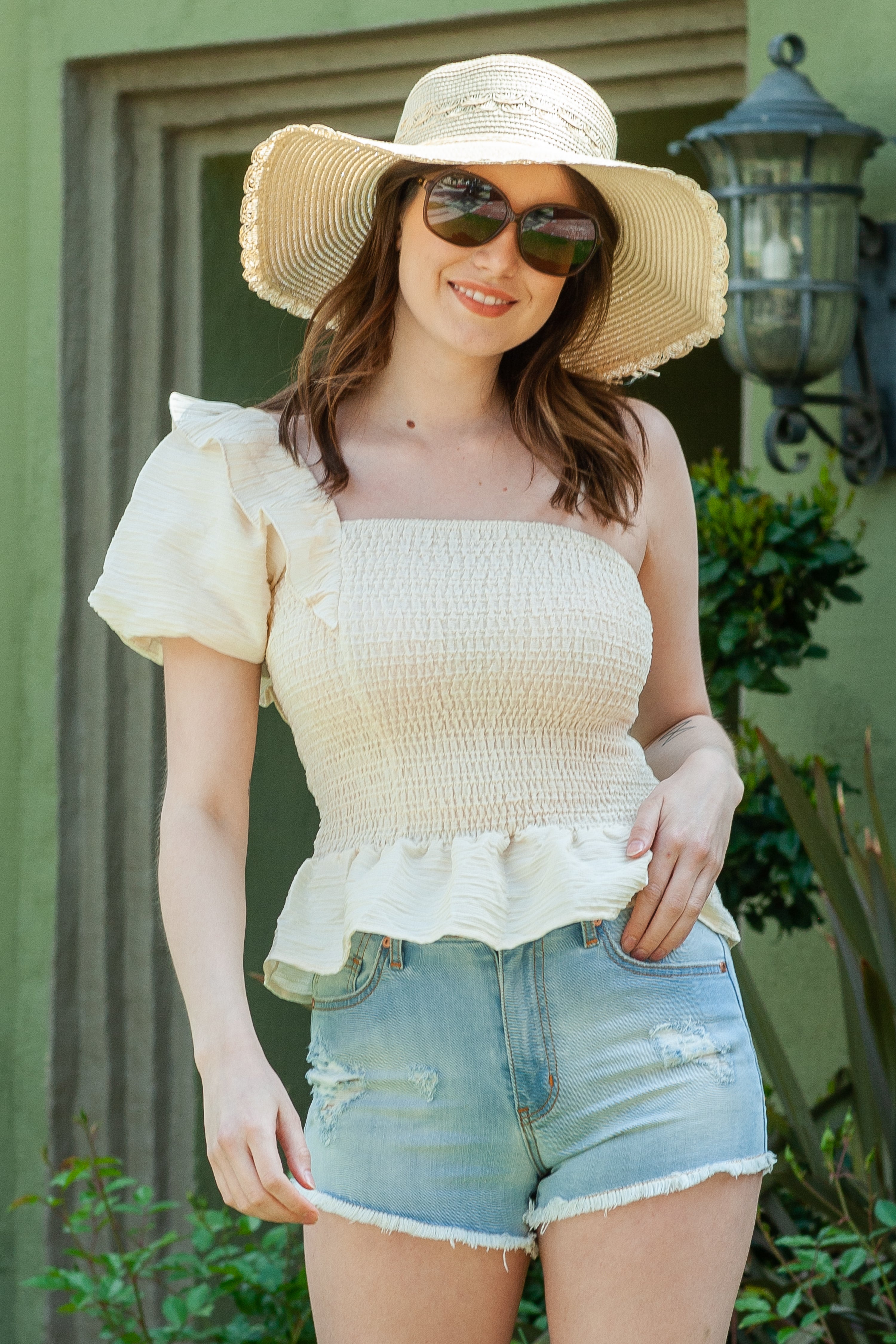 Ruffled One-shoulder Smocked Top