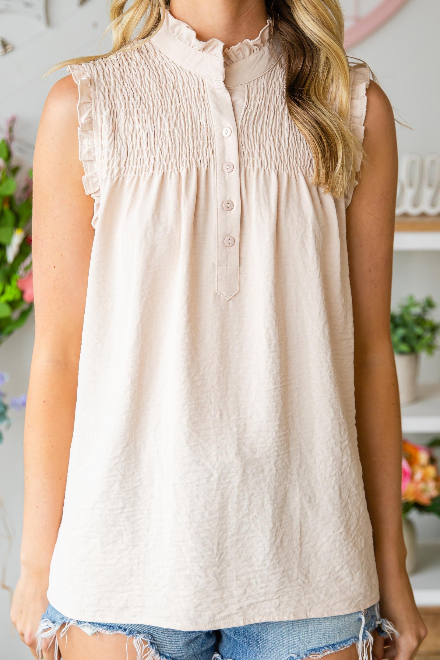Frilled Tank Top with Buttons
