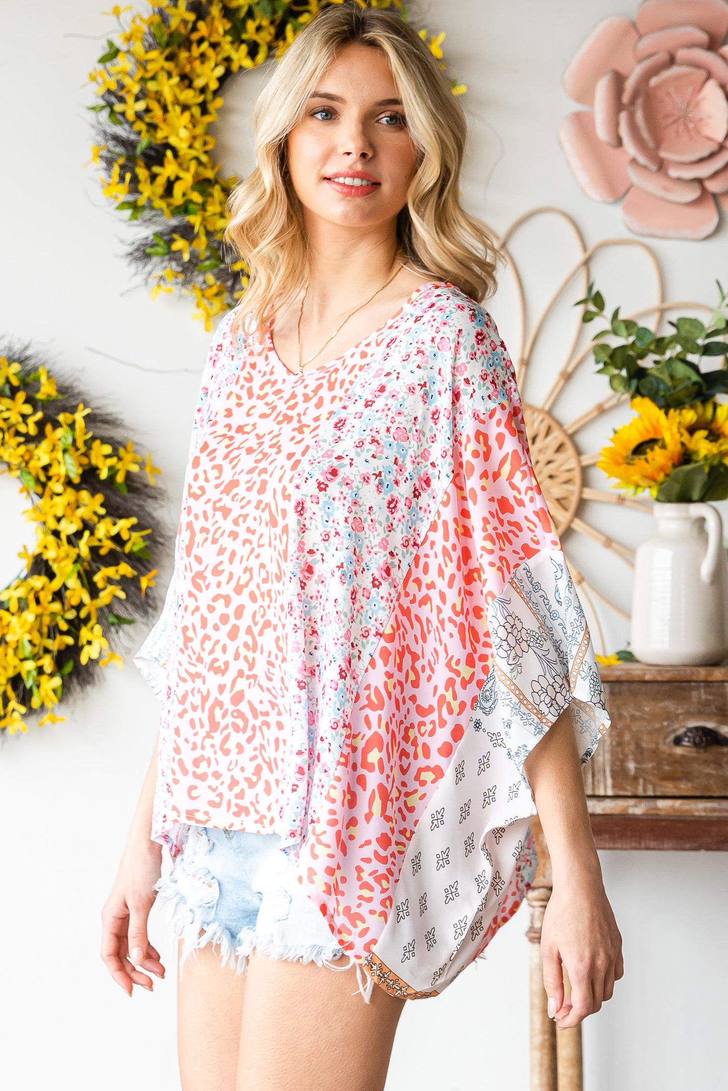 Multicolor Animal Floral Mix Print Cape Top