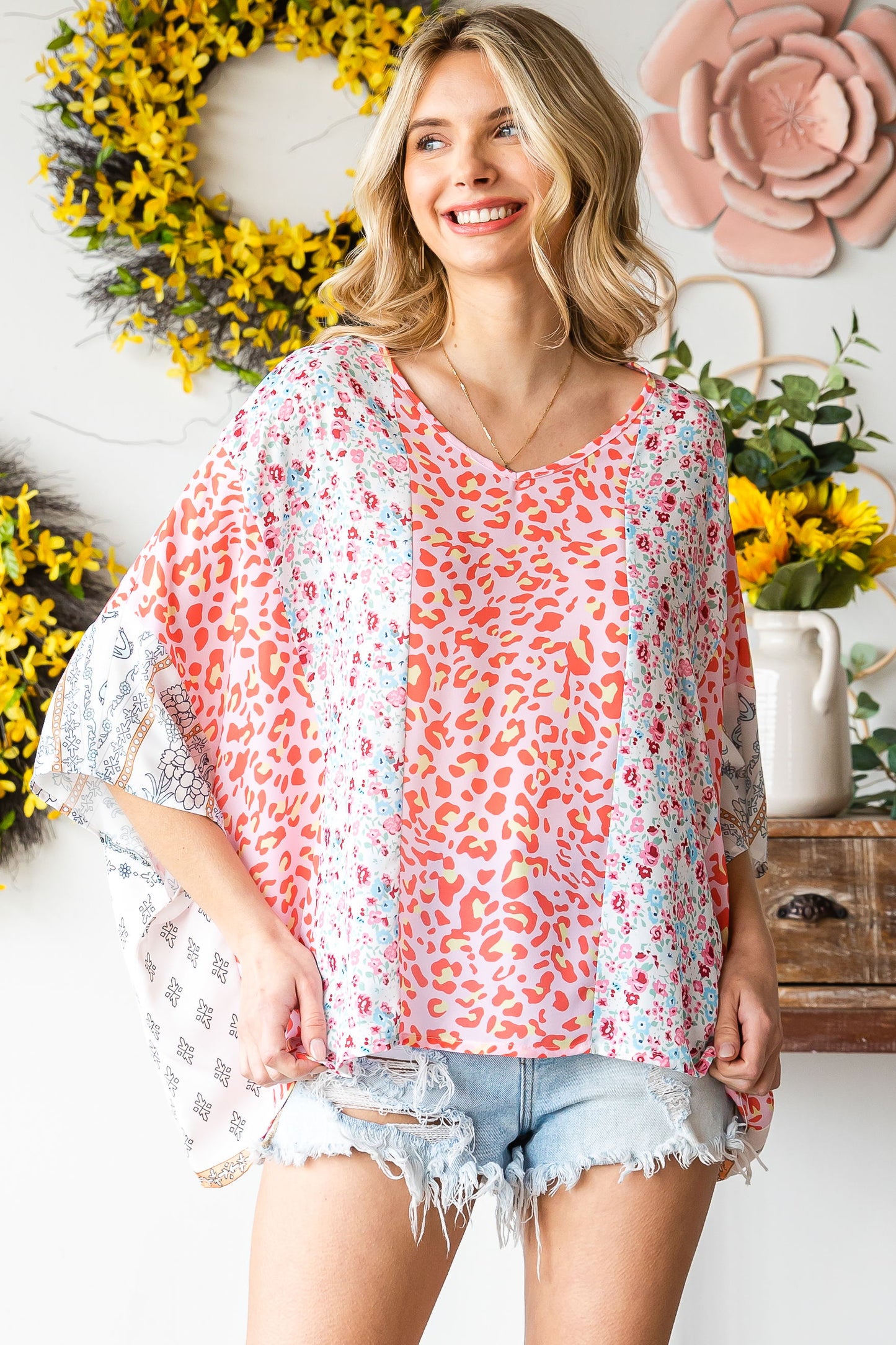 Multicolor Animal Floral Mix Print Cape Top