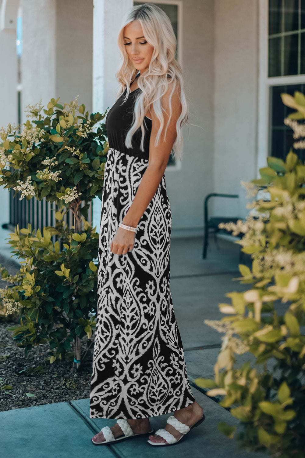 Boho Solid Tank Floral Print Maxi Dress