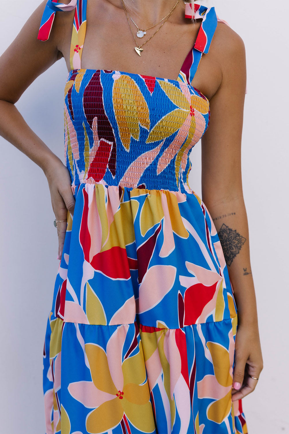 Blue Boho Print Tie Straps Smocked Maxi Dress