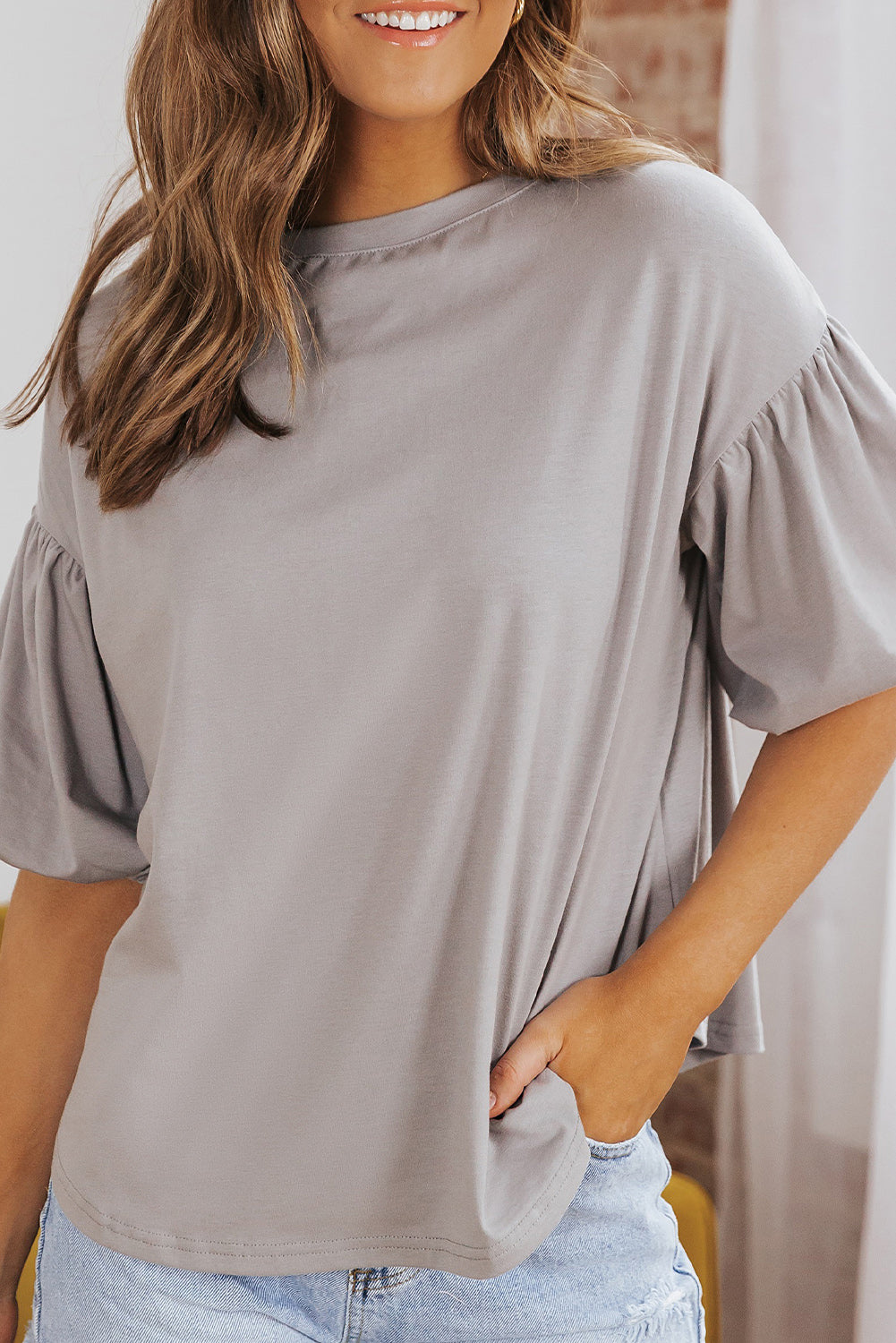 White Joint Bubble Sleeve Round Neck Blouse