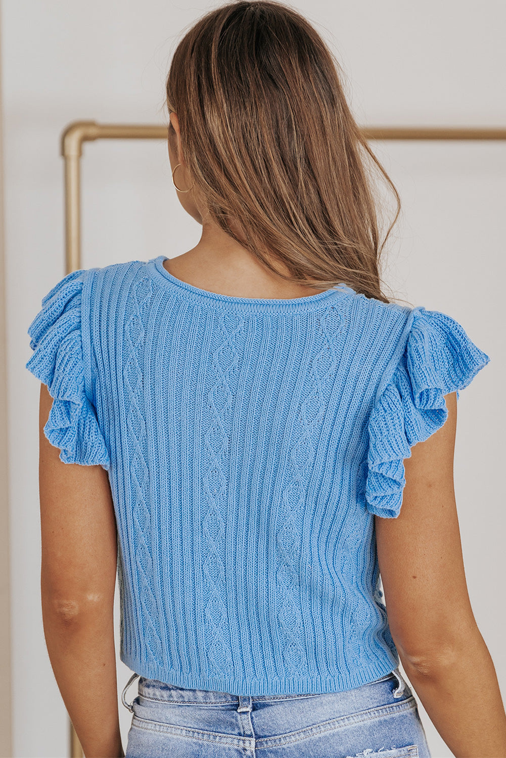 Ruffle Sleeve Cable Knit Top