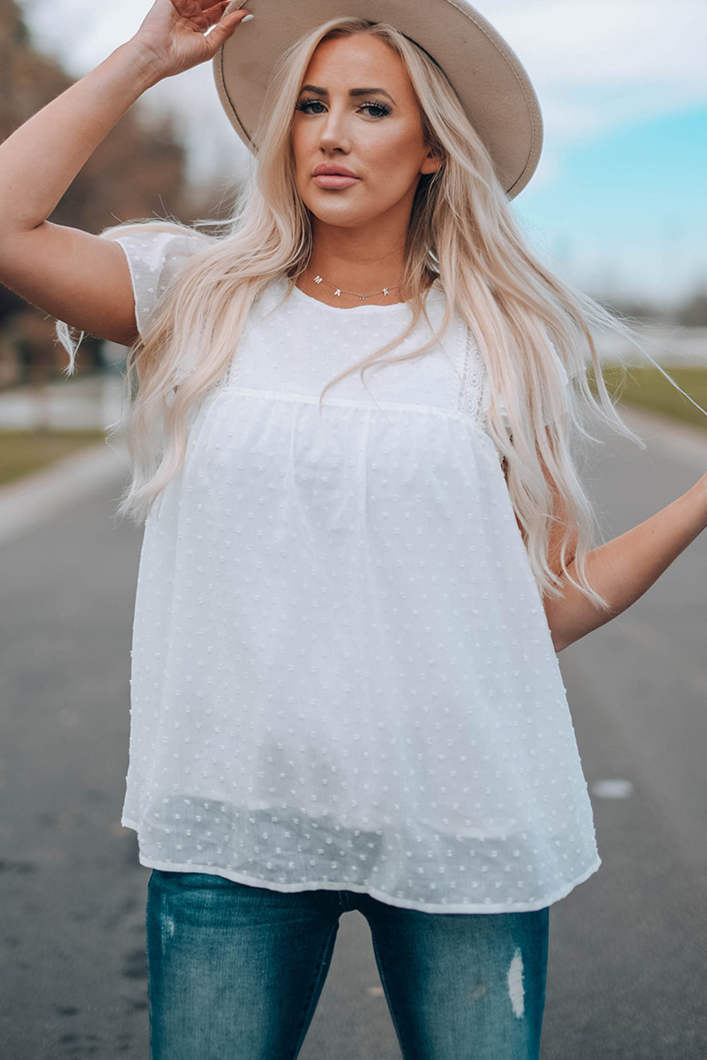 Ruffled Shoulder Dotted Babydoll Top